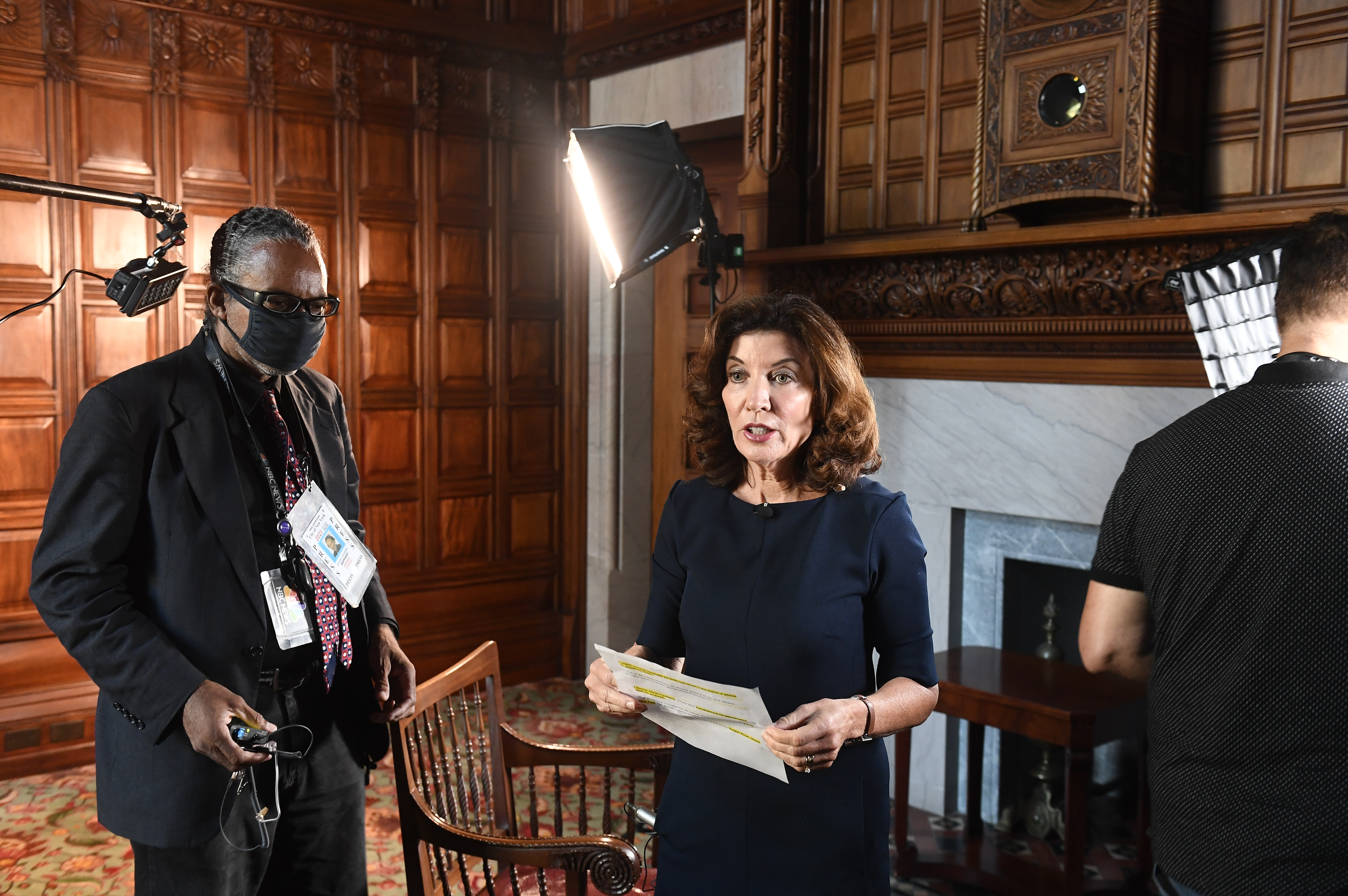 New York Lt. Governor Kathy Hochul speaks with a news crew before taking part in a remote interview from her office at the state Capitol on Aug. 12, 2021. (Hans Pennink/Associated Press)