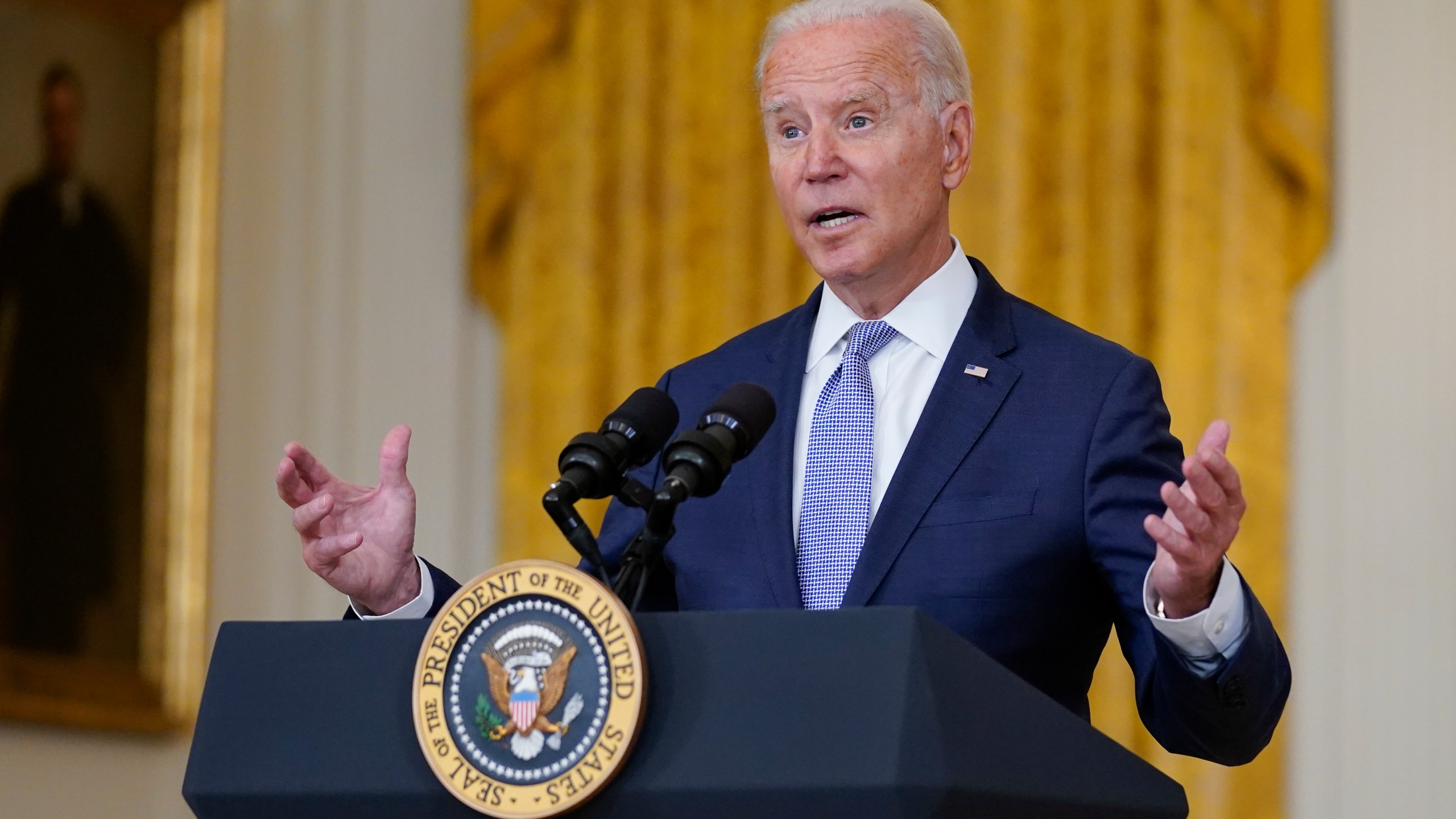 President Joe Biden speaks about prescription drug prices and his "Build Back Better" agenda from the East Room of the White House, Thursday, Aug. 12, 2021, in Washington. (AP Photo/Evan Vucci)