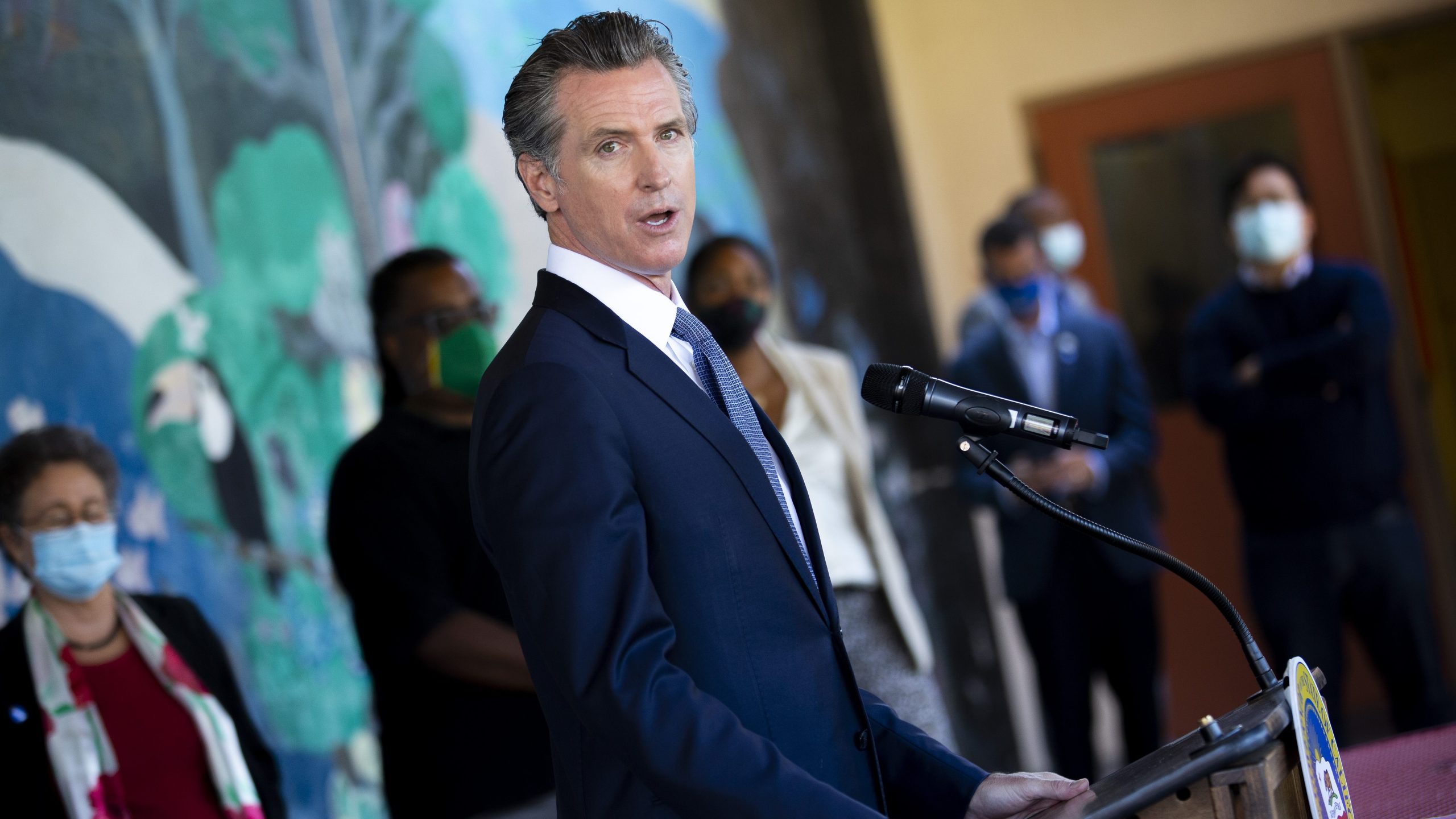 California Gov. Gavin Newsom speaks with reporters at Carl B. Munck Elementary School in Oakland on Aug. 11, 2021. (Santiago Mejia / San Francisco Chronicle via Associated Press)