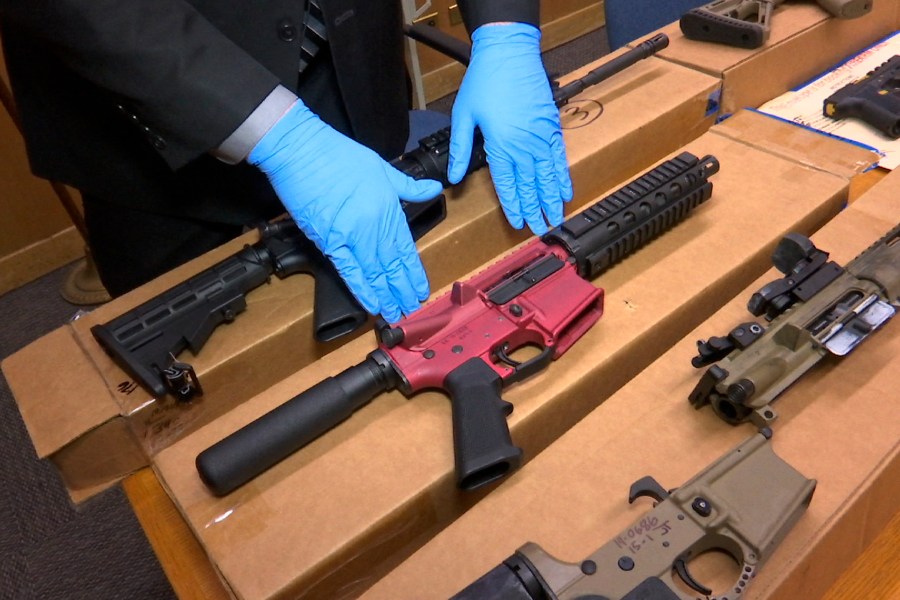 In this Nov. 27, 2019 file photo, "ghost guns" are displayed at the headquarters of the San Francisco Police Department in San Francisco. (Haven Daley / Associated Press)