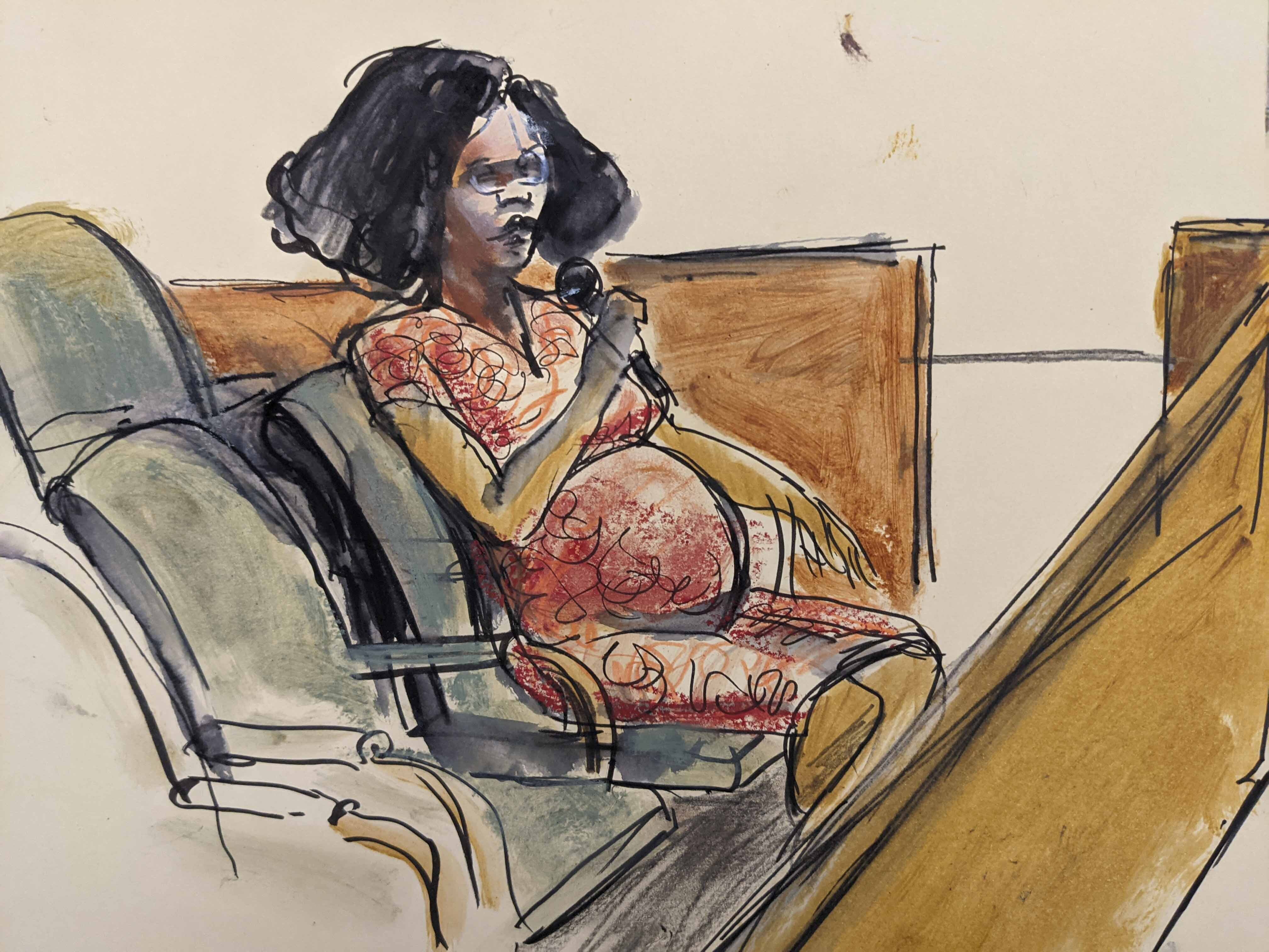 In this courtroom sketch Jerhonda Pace testifies against R&B star R. Kelly during the singer's sex abuse trial on Aug. 18, 2021, in New York. (Elizabeth Williams via Associated Press)