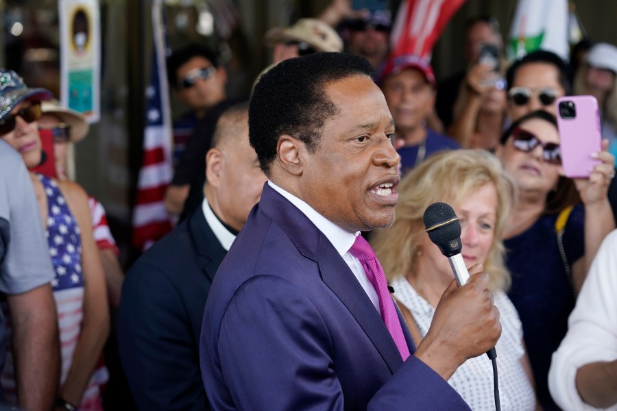 In this July 13, 2021, file photo, conservative radio talk show host Larry Elder speaks to supporters during a campaign stop in Norwalk, Calif. (AP Photo/Marcio Jose Sanchez, File)