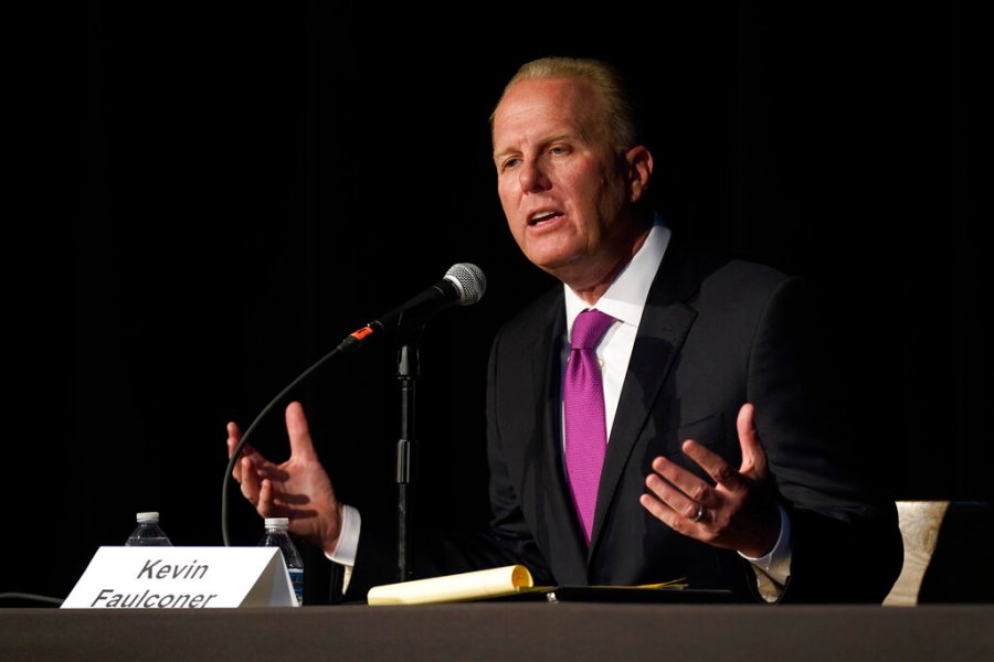 Republican gubernatorial recall candidate, former San Diego Mayor Kevin Faulconer, responds to a question during a debate held by the Sacramento Press Club in Sacramento, Calif., Tuesday, Aug. 17, 2021. (AP Photo/Rich Pedroncelli)