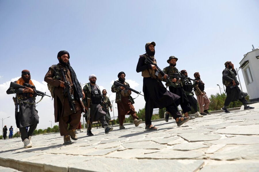 In this Aug. 19, 2021, file photo, Taliban fighters patrol in Kabul, Afghanistan. (AP Photo/Rahmat Gul, File)