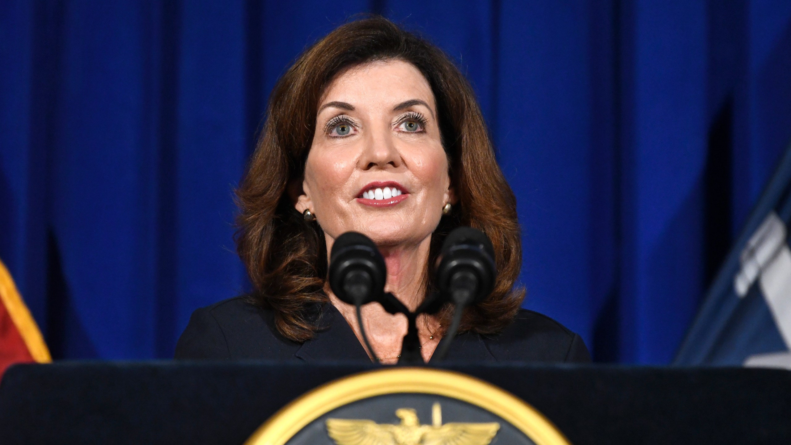 New York Lt. Gov. Kathy Hochul gives a news conference at the state Capitol on Wednesday, Aug. 11, 2021, in Albany, N.Y. Taking over on short notice for a scandal-plagued predecessor in the midst of the coronavirus pandemic, Hochul began her tenure as New York governor Tuesday, Aug. 24 with more than enough challenges for a new administration. She also began with a historic opportunity: Hochul is the first woman to hold one of the most prominent governorships in the U.S. (AP Photo/Hans Pennink, File)