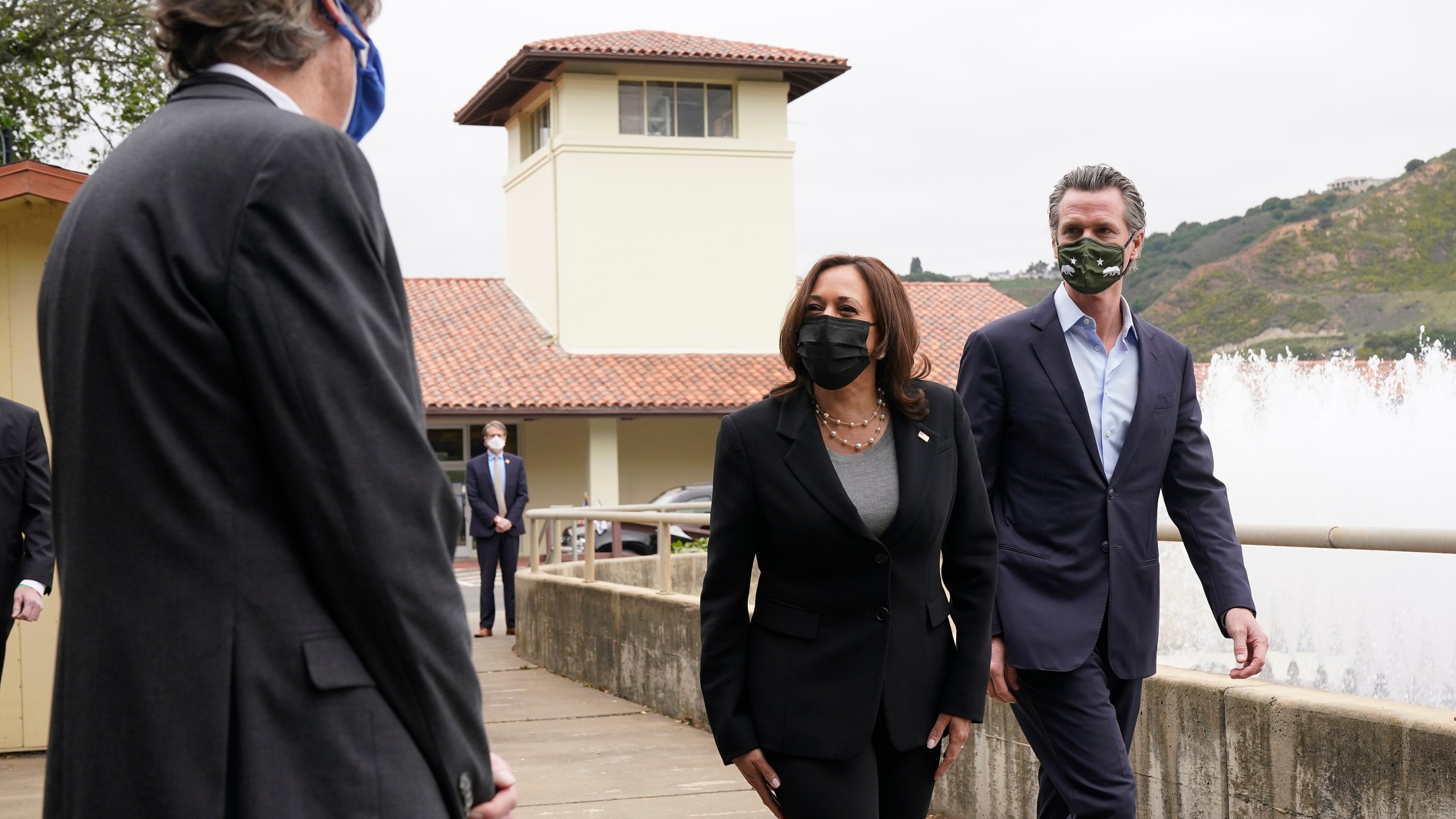 In this April 5, 2021, file photo, Vice President Kamala Harris, left, and California Gov. Gavin Newsom visit the Upper San Leandro Water Treatment Plant in Oakland, Calif. (AP Photo/Jacquelyn Martin, File)