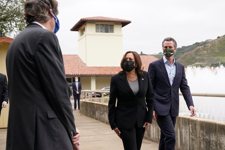 In this April 5, 2021, file photo, Vice President Kamala Harris, left, and California Gov. Gavin Newsom visit the Upper San Leandro Water Treatment Plant in Oakland, Calif. (AP Photo/Jacquelyn Martin, File)