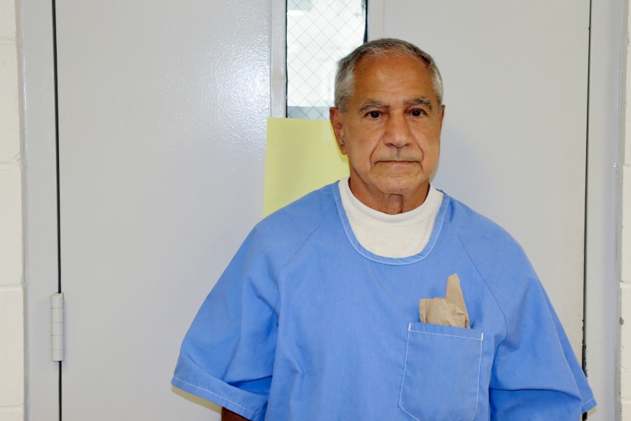 In this image provided by the California Department of Corrections and Rehabilitation, Sirhan Sirhan arrives for a parole hearing Friday, Aug. 27, 2021, in San Diego.(California Department of Corrections and Rehabilitation via AP)