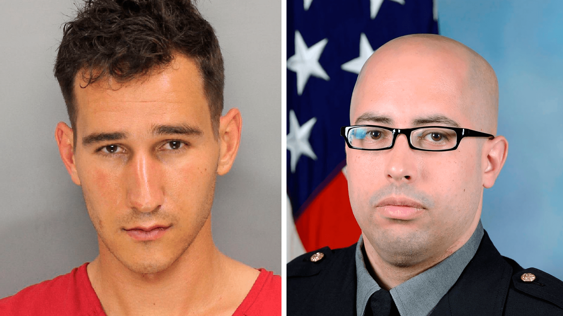 This April 2021 image provided by the Cobb County Sheriff's Office shows a booking photo of Austin Williams Lanz. On the right, an undated photo provided by the Pentagon Force Protection Agency shows Pentagon Police Officer George Gonzalez.