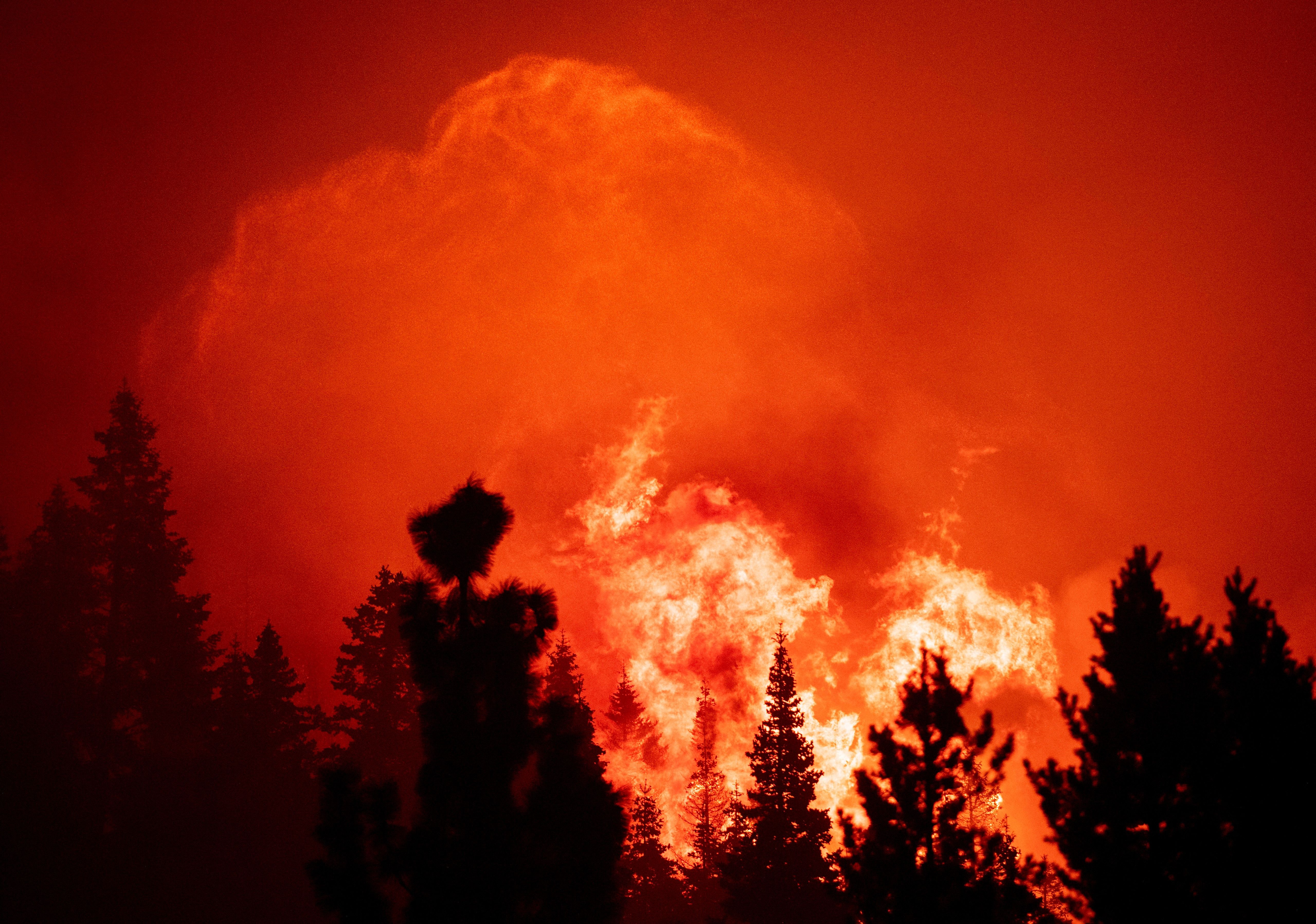 Flames and embers tower into the sky as firefighters work to protect homes from the Caldor fire in Twin Bridges, California on Aug. 29, 2021. (JOSH EDELSON/AFP via Getty Images)