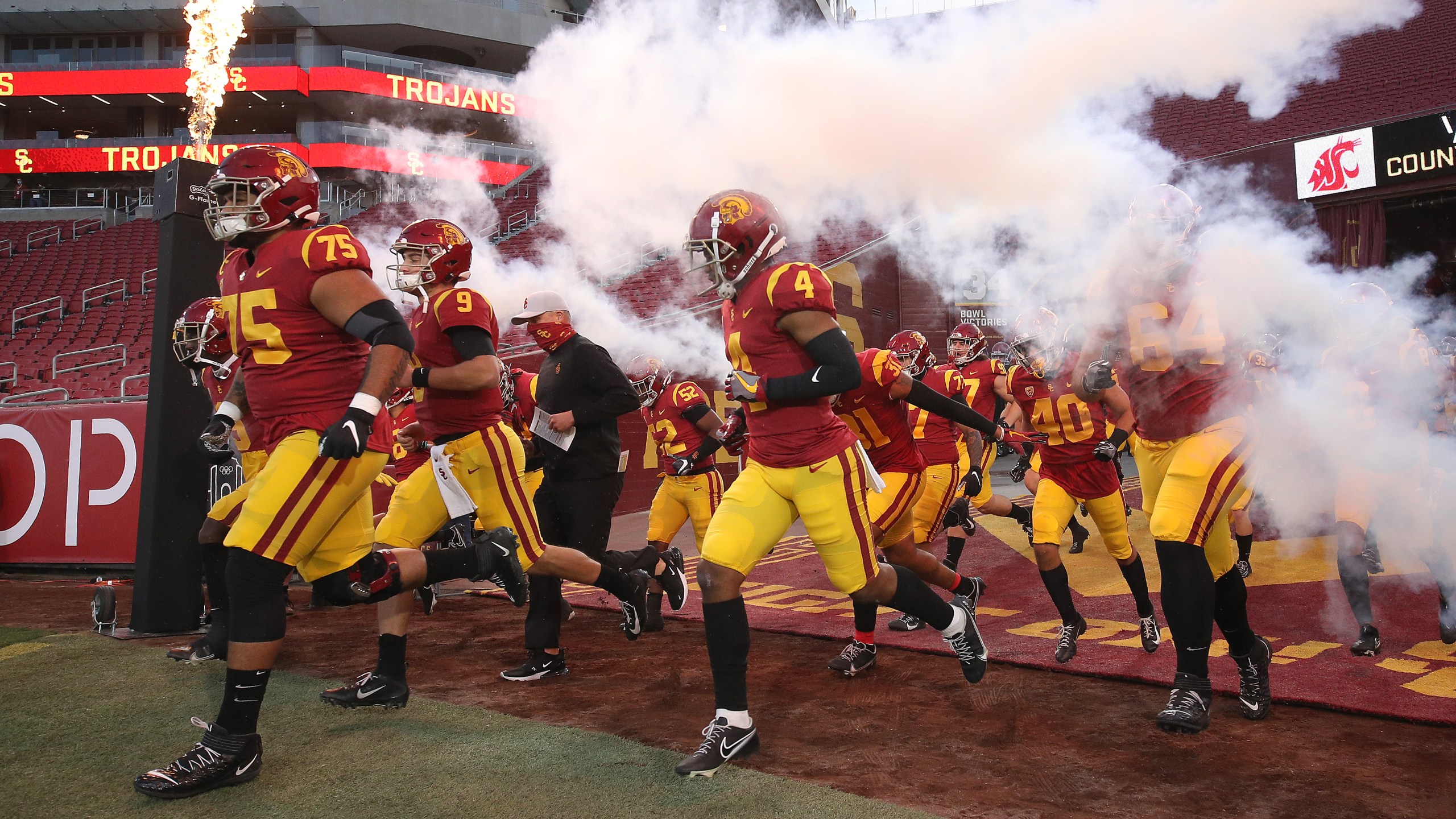 The USC Trojans take the field prior to the first half of a game against the Washington State Cougars at Los Angeles Coliseum on December 06, 2020 in Los Angeles. (Sean M. Haffey/Getty Images)