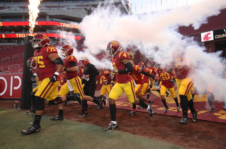 The USC Trojans take the field prior to the first half of a game against the Washington State Cougars at Los Angeles Coliseum on December 06, 2020 in Los Angeles. (Sean M. Haffey/Getty Images)