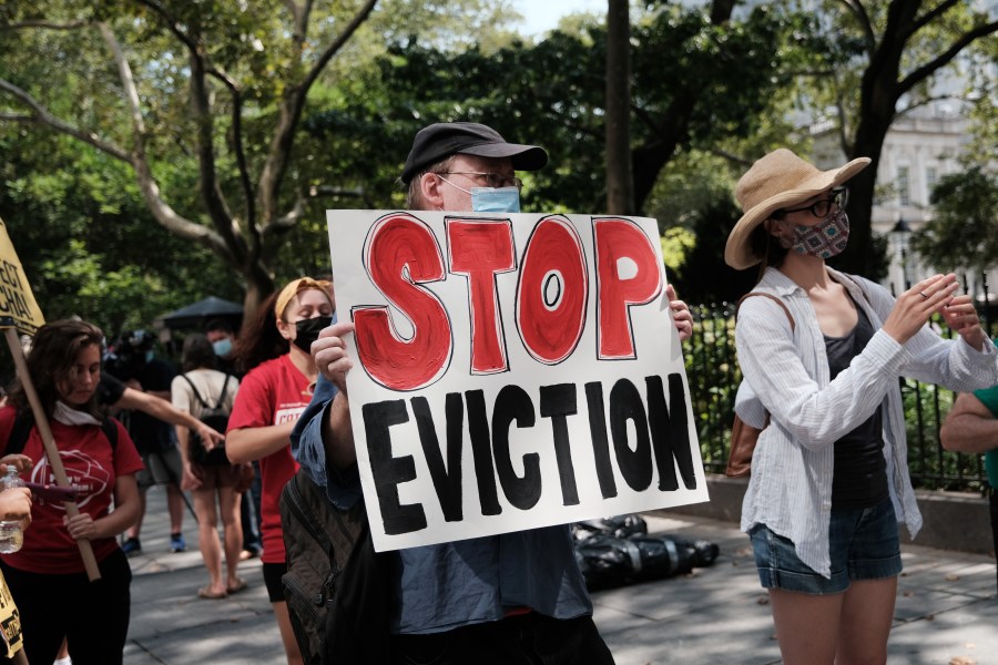 Activists hold a protest against evictions near City Hall on Aug. 11, 2021 in New York City. (Spencer Platt/Getty Images)