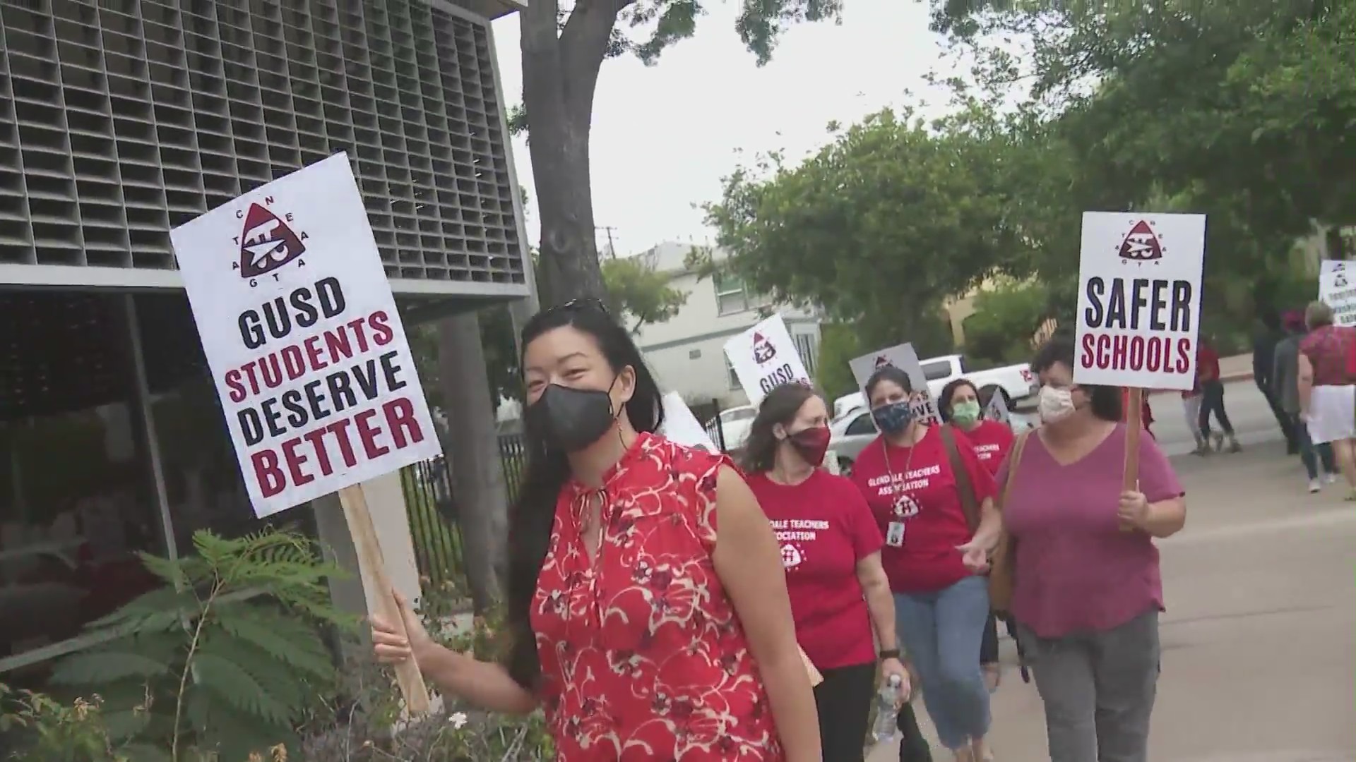 Parents and teachers pushed the Glendale Unified School District for COVID-19 safety precautions on Aug. 31, 2021. (KTLA)