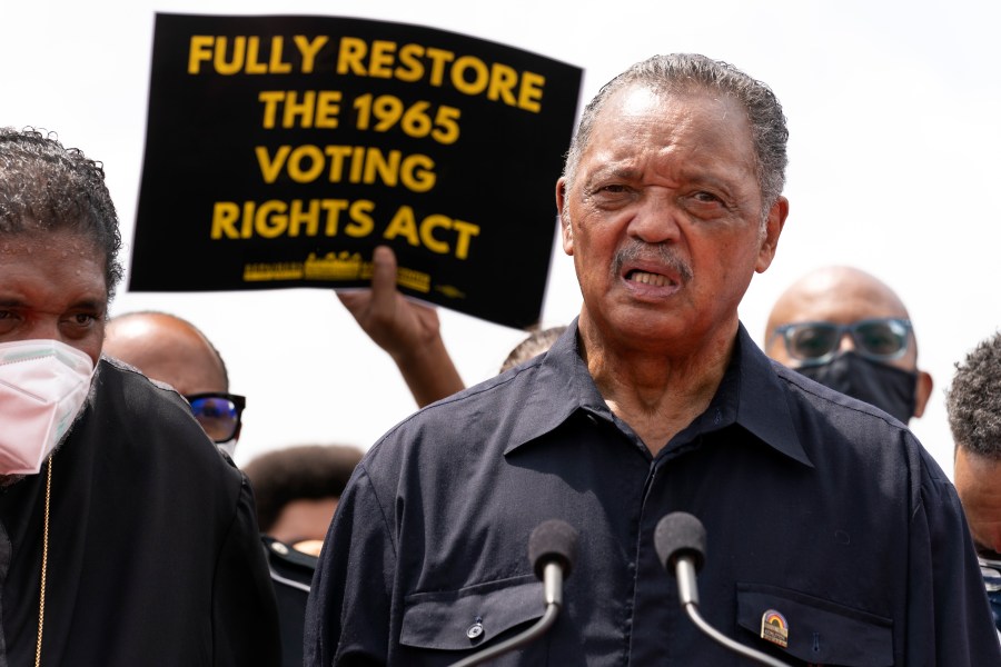 In this Monday, Aug. 2, 2021 file photo, Rev. Jesse Jackson speaks to the crowd during a demonstration supporting the voting rights, on Capitol Hill, in Washington. (AP Photo/Jose Luis Magana)