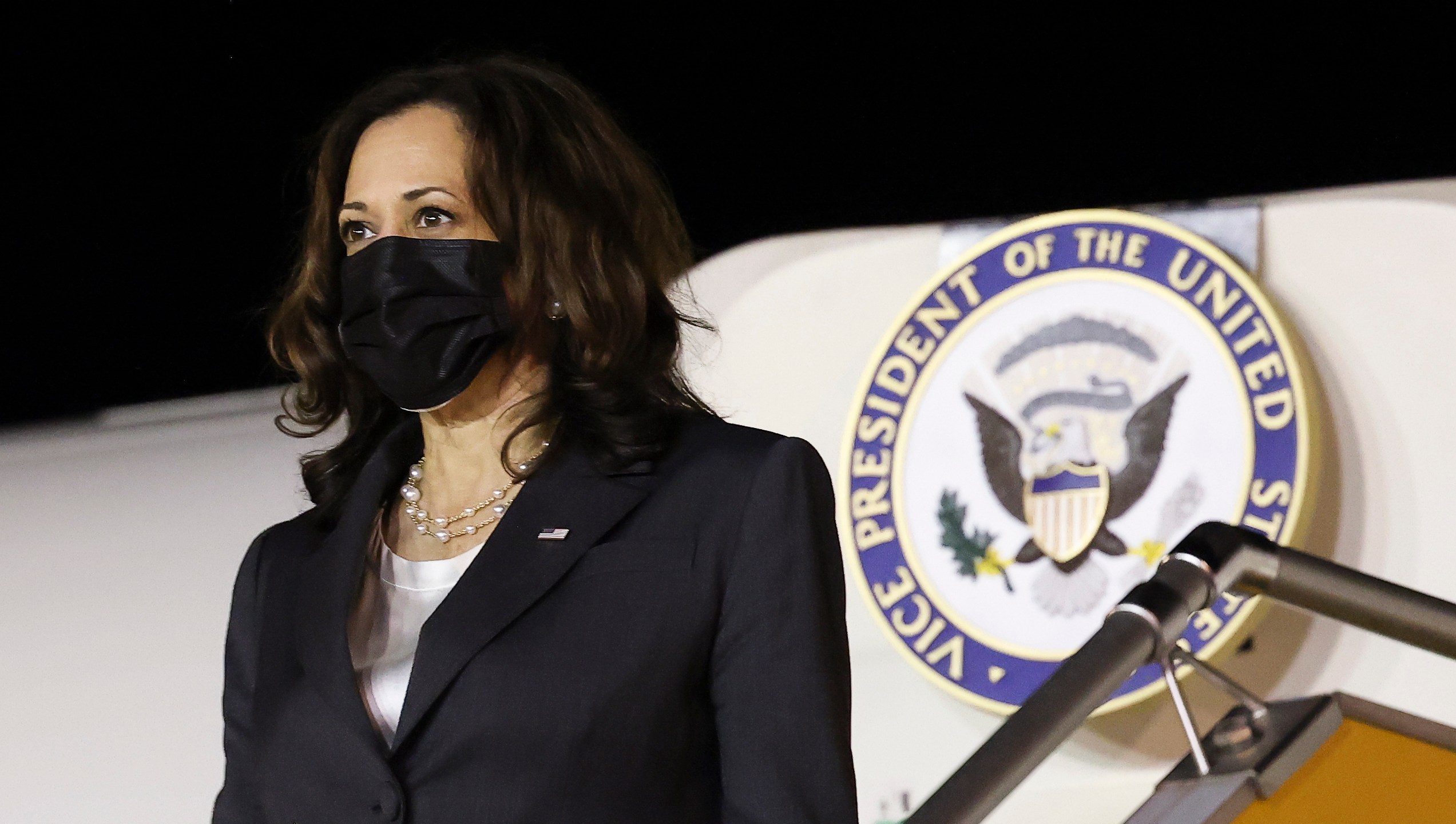 U.S. Vice President Kamala Harris arrives at the airport in Hanoi, Vietnam, Tuesday, Aug. 24, 2021. (Evelyn Hockstein/Pool Photo via AP)