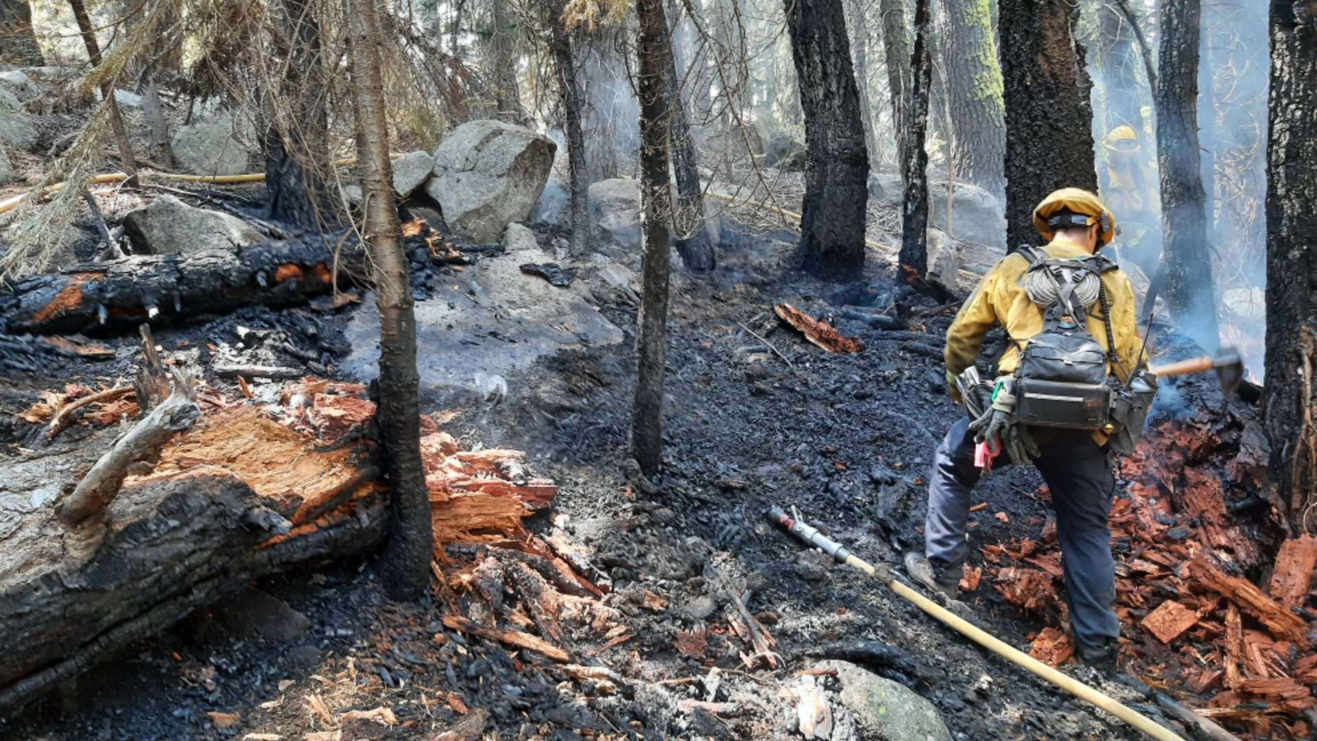 The El Dorado County Sheriff’s Office released this photo of a firefighter putting out hot spots on a suspected arson fire near South Lake Tahoe.