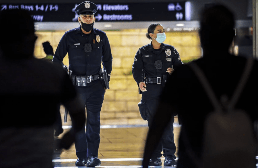 LAPD officers patrol Union Station in August 2021.(Irfan Khan/Los Angeles Times)