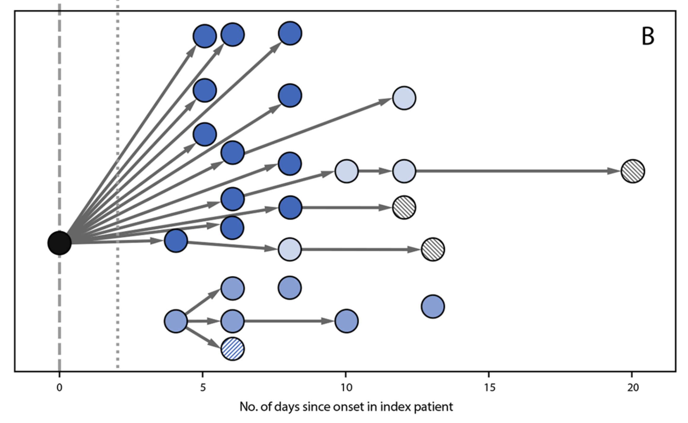 The graphic shows the presumed transmission pathway of SARS-CoV-2 among students, siblings, and parents, relative to onset in the index patient. (MMWR Morb Mortal Wkly / CDC)