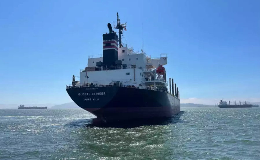 Six crew members of the Global Striker ship were transported to San Francisco hospitals to be treated for COVID-19.(San Francisco Fire Department via L.A. Times)