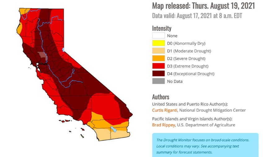 A map of California, showcasing the areas affected by drought conditions as of Aug. 17.(U.S. Drought Monitor Report)