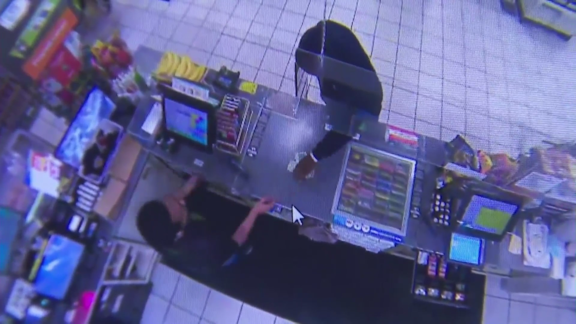 Surveillance video of an armed robbery in Westchester is shared with KTLA on Aug. 24, 2021.