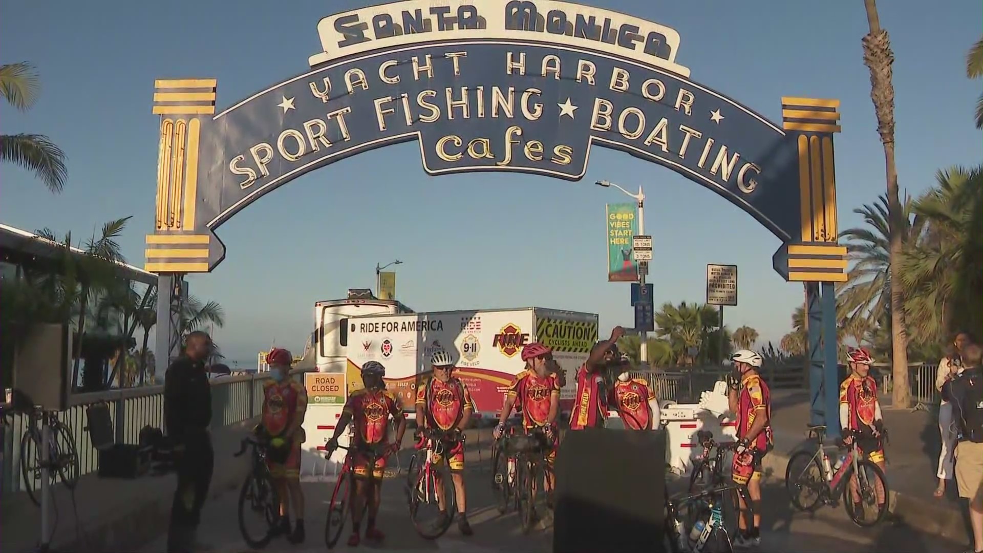 A group of 15 firefighter kicked off a cross-country bike ride from the Santa Monica Pier to New York City in time for the 20th anniversary of September 11.