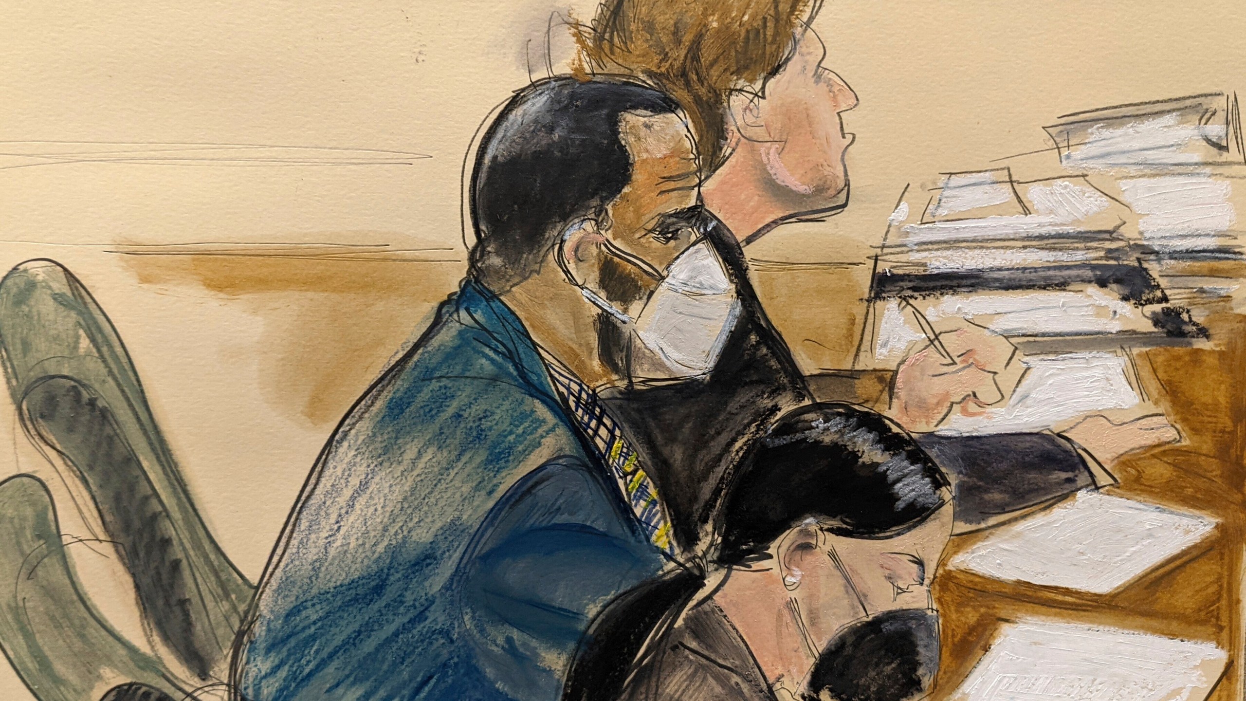 In this courtroom artist's sketch R. Kelly, left, listens during his trial in New York on Aug. 26, 2021. (AP Photo/Elizabeth Williams)