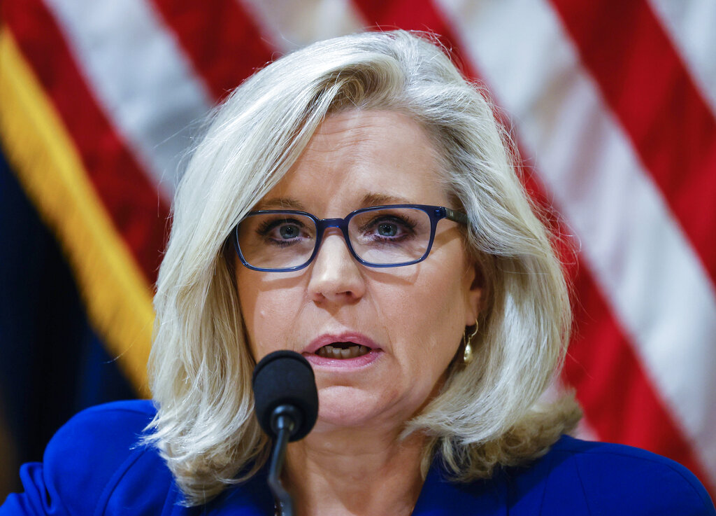 In this July 27, 2021 file photo, Rep. Liz Cheney, R-Wy., listens to testimony from Washington Metropolitan Police Department Officer Daniel Hodges during the House select committee hearing on the Jan. 6 attack on Capitol Hill in Washington. (Jim Bourg/Pool via AP)