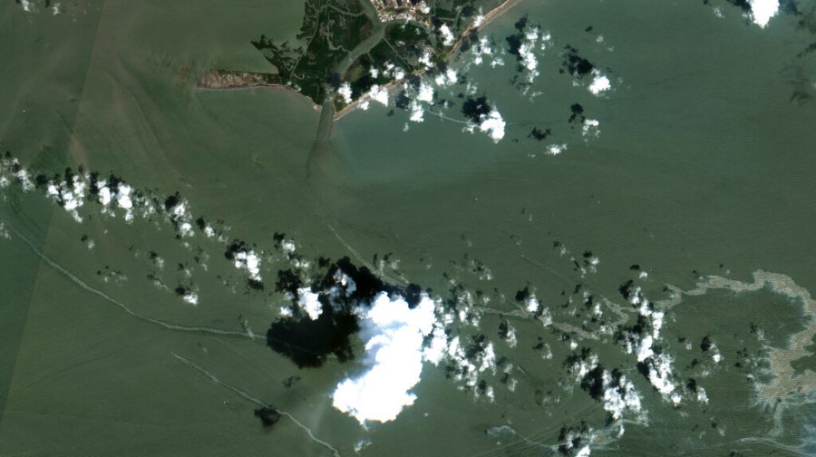 In a satellite image provided by Maxar Technologies, an oil slick is shown on Sept. 2, 2021 south of Port Fourchon, La. (Maxar Technologies via AP)