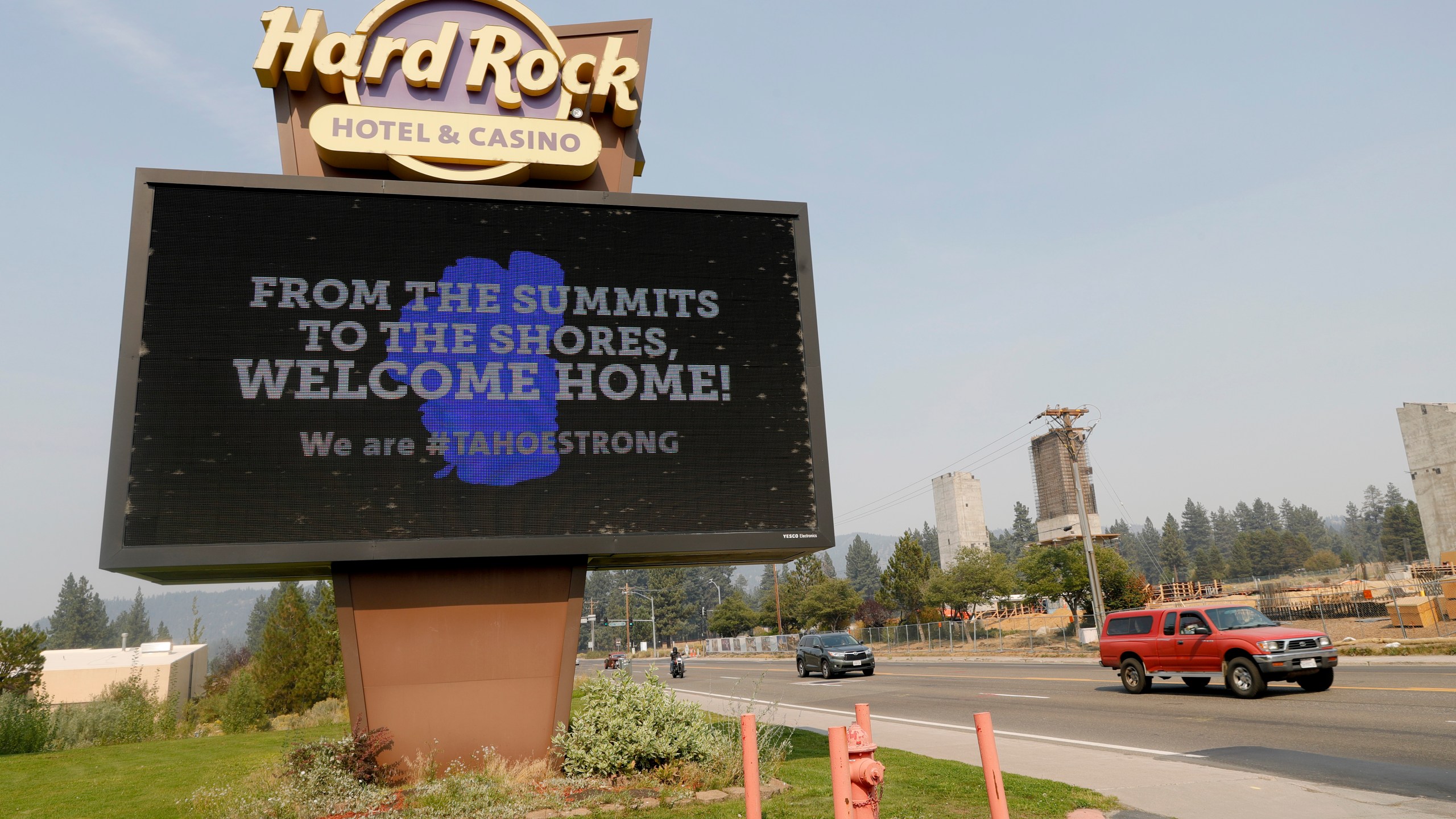 A welcome home sign is seen at the Hard Rock Hotel & Casino Highway 50 near Stateline, Nev., on Monday, Sept. 6, 2021. The hotel is being used by firefighters and other first responders working the Caldor Fire. (Jane Tyska/Bay Area News Group via AP)