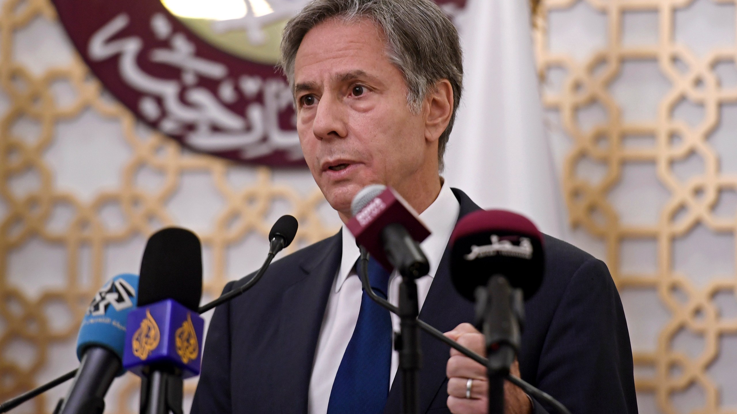 U.S. Secretary of State Antony Blinken, speaks during a joint press conference at the Ministry of Foreign Affairs in Doha, Qatar on Sept. 7, 2021. (Olivier Douliery/Pool Photo via Associated Press)