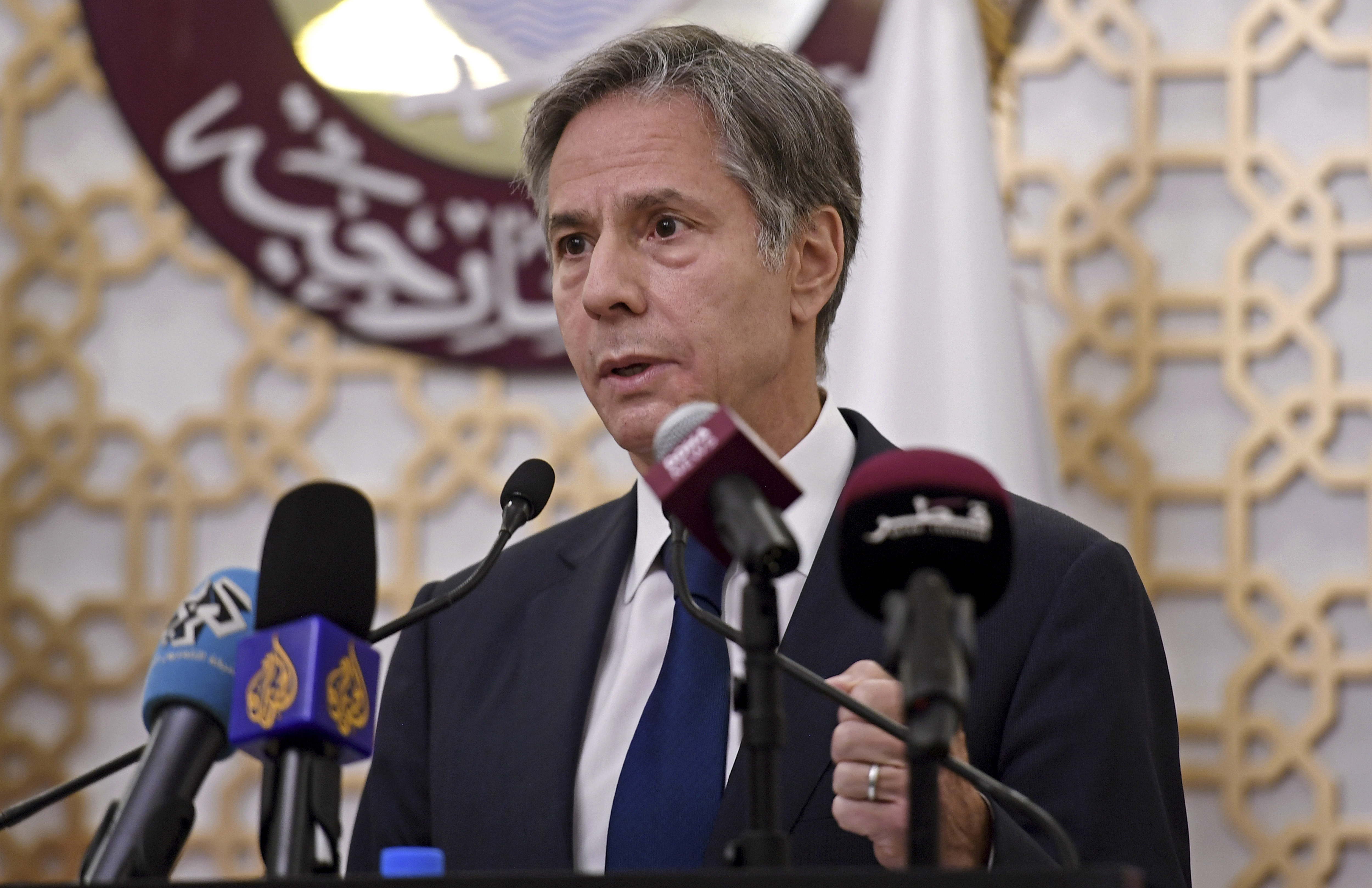 U.S. Secretary of State Antony Blinken, speaks during a joint press conference at the Ministry of Foreign Affairs in Doha, Qatar on Sept. 7, 2021. (Olivier Douliery/Pool Photo via Associated Press)