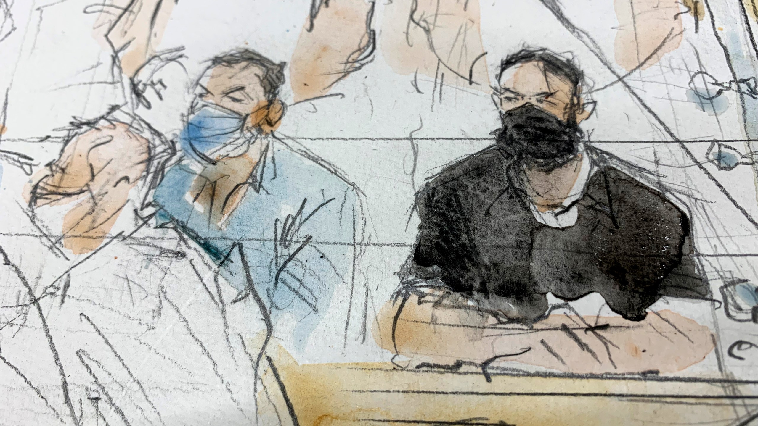 This sketch shows key defendant Salah Abdeslam, right, and Mohammed Abrini in the special courtroom built for the 2015 attacks trial, Wednesday, Sept. 8, 2021 in Paris. France began the trial of 20 men accused in the Islamic State group's 2015 attacks on Paris that left 130 people dead and hundreds injured. Among the plantiffs are nearly 1,800 victims, including survivors who suffered physical or psychological harm and families whose loved ones died that night. A total of 330 lawyers are representing them and the defendants. (AP Photo/Noelle Herrenschmidt)