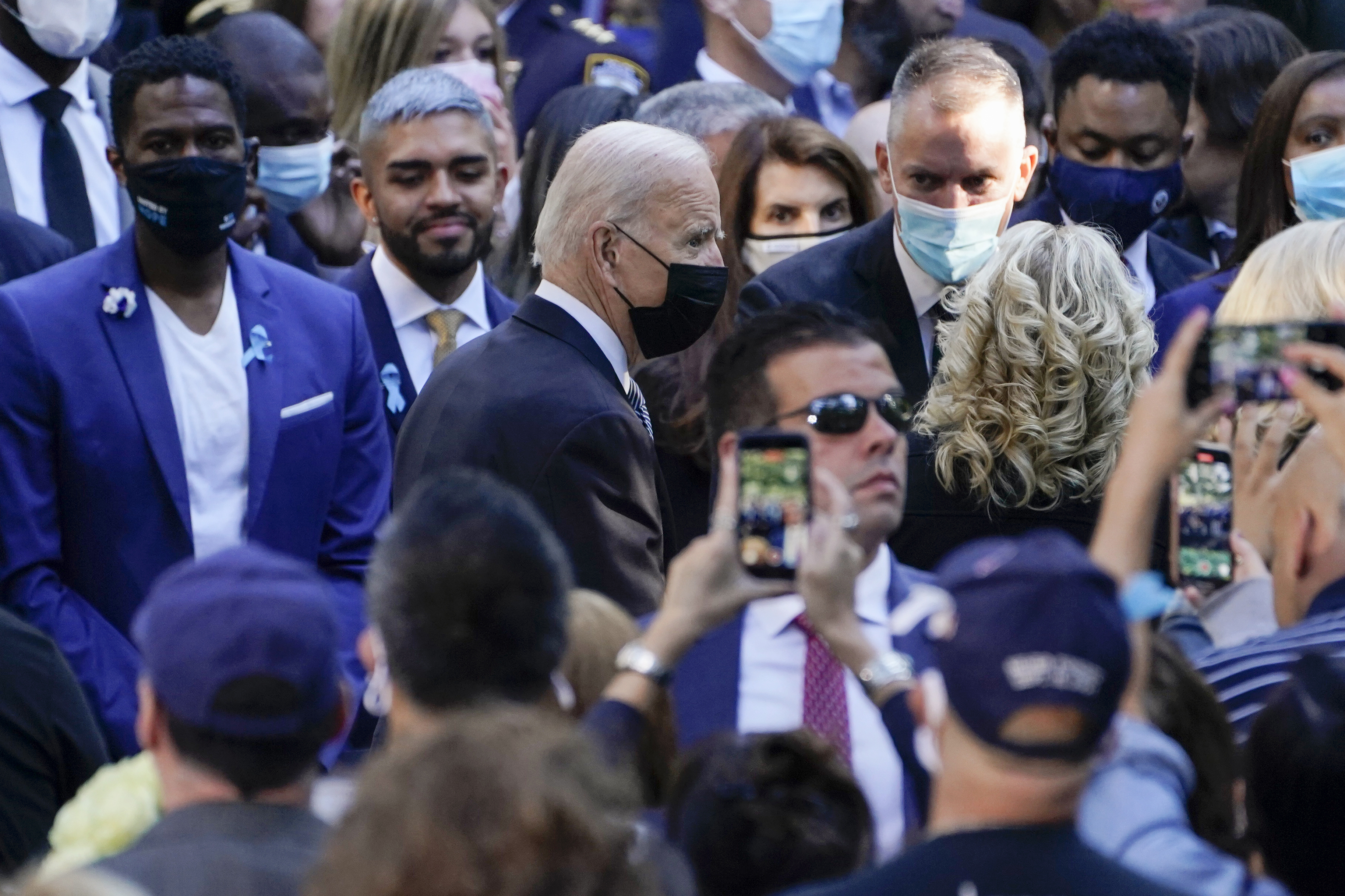 President Joe Biden and first lady Jill Biden arrive at the National September 11 Memorial in New York, Saturday, Sept. 11, 2021, to attend a ceremony marking the 20th anniversary of the Sept. 11, 2001, terrorist attacks. (AP Photo/Evan Vucci)