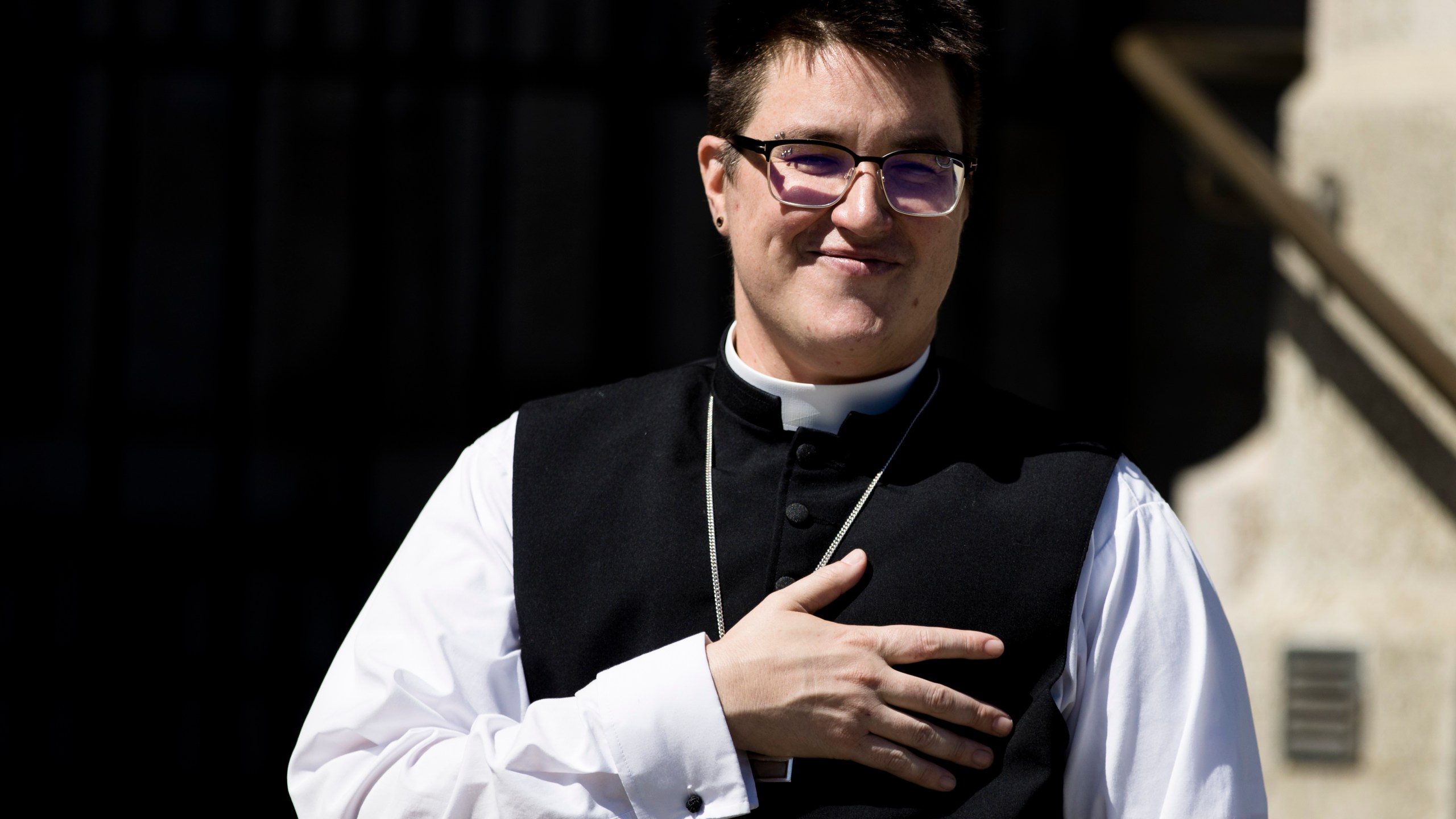 Bishop Megan Rohrer speaks to the press before their installation ceremony at Grace Cathedral in San Francisco, Saturday, Sept. 11, 2021. Rohrer is the first openly transgender person elected as bishop in the Evangelical Lutheran Church of America. (AP Photo/John Hefti)