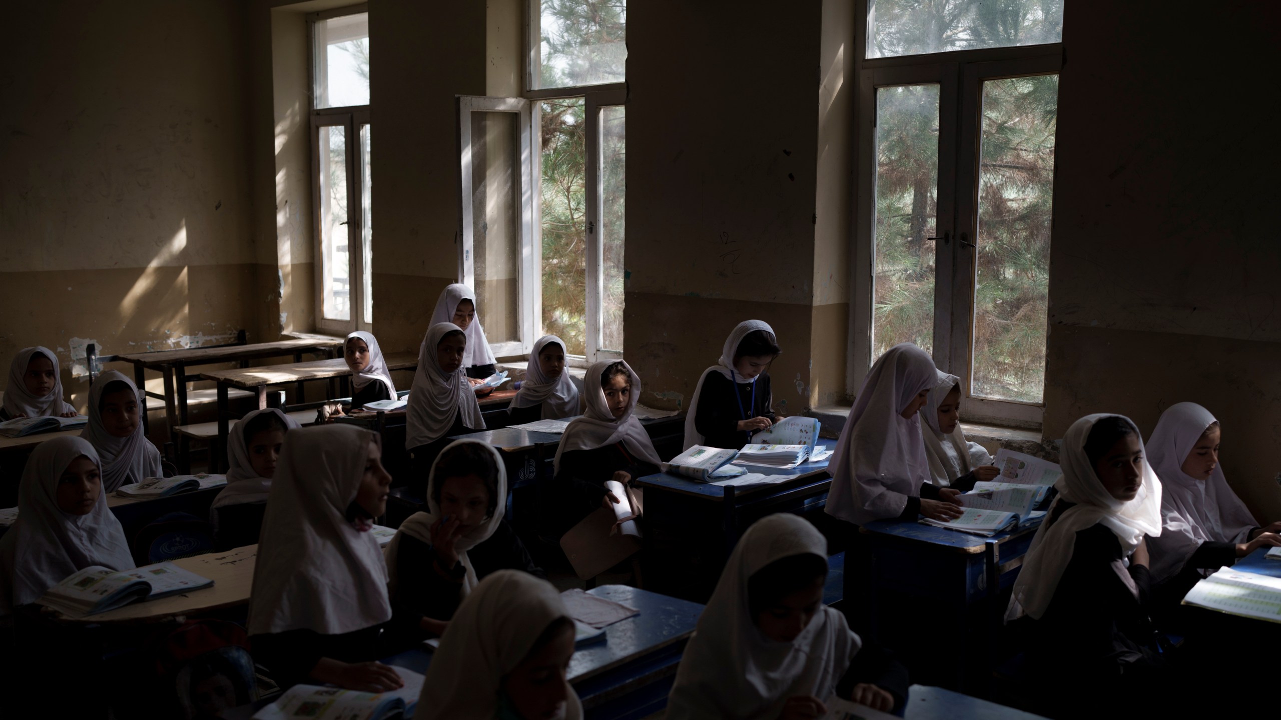 Girls prepare for class at a school in Kabul, Afghanistan, Sunday, Sept. 12, 2021. (AP Photo/Felipe Dana)Girls prepare for class at a school in Kabul, Afghanistan, Sunday, Sept. 12, 2021. (AP Photo/Felipe Dana)