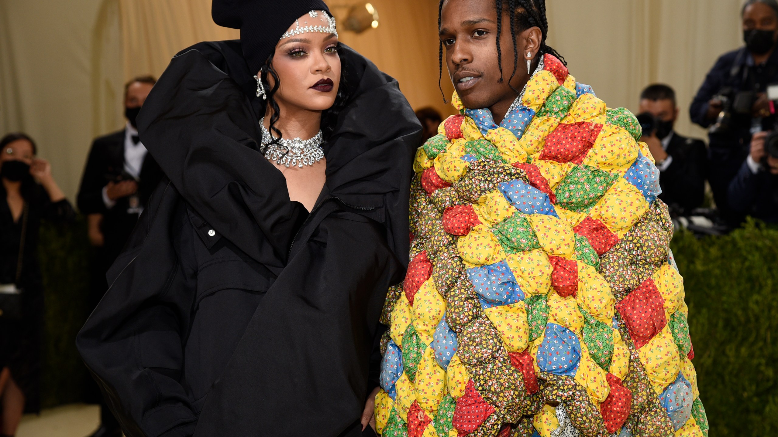 Rihanna, left, and A$AP Rocky attend The Metropolitan Museum of Art's Costume Institute benefit gala celebrating the opening of the "In America: A Lexicon of Fashion" exhibition on Sept. 13, 2021, in New York. (Evan Agostini/Invision/AP)