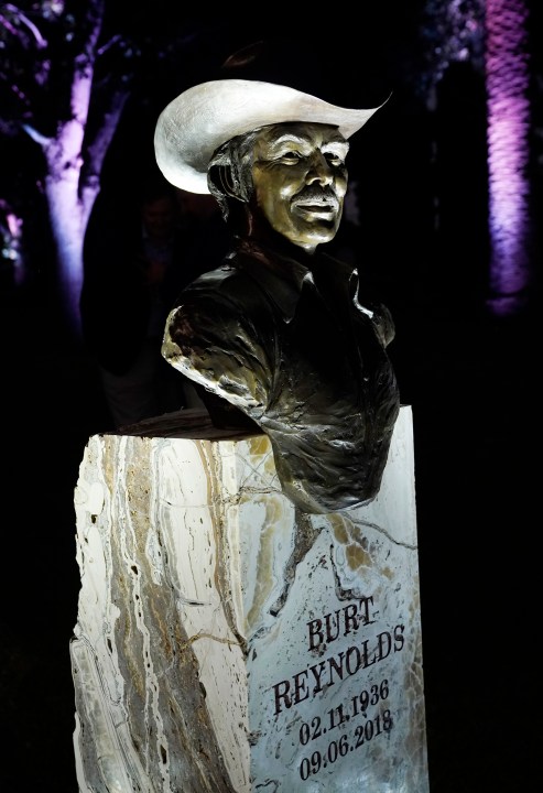 A memorial sculpture of the late actor Burt Reynolds is pictured following its unveiling at a ceremony at Hollywood Forever Cemetery on Sept. 20, 2021. (Chris Pizzello/Associated Press)