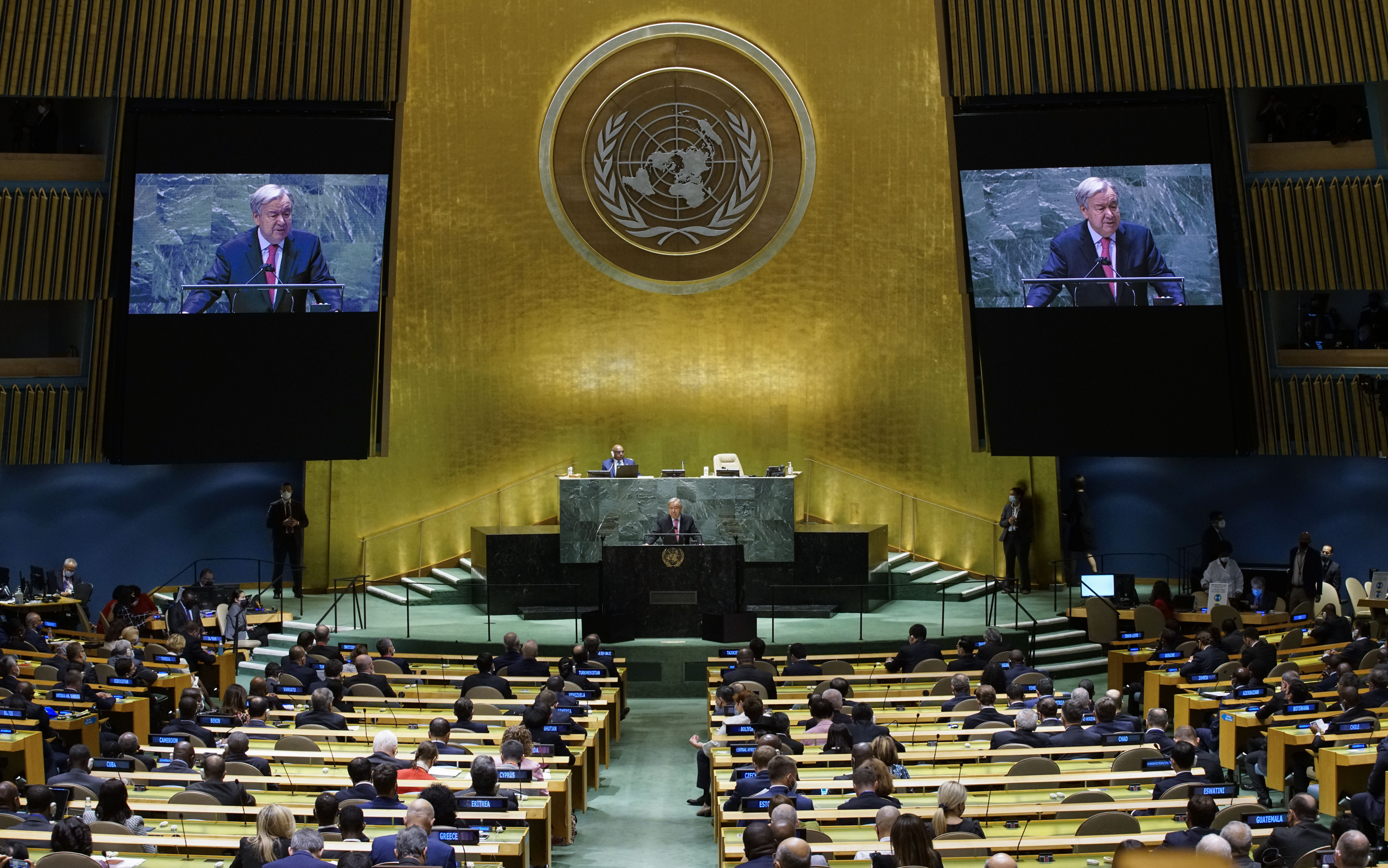 United Nations Secretary General Antonio Guterres addresses the 76th Session of the U.N. General Assembly, Tuesday, Sept. 21, 2021, at United Nations headquarters in New York. (Eduardo Munoz/Pool Photo via AP)