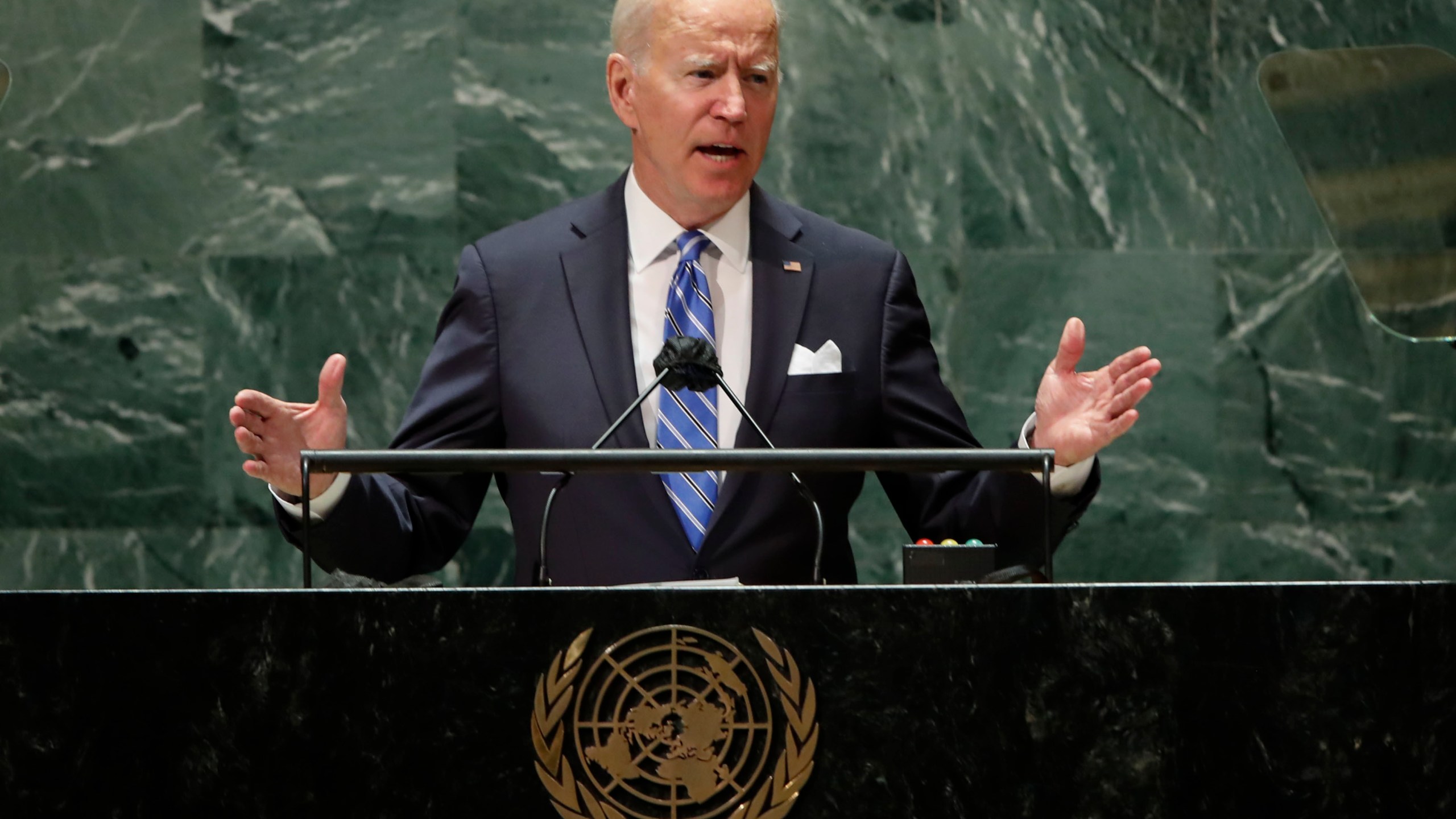 U.S. President Joe Biden speaks during the 76th Session of the United Nations General Assembly at U.N. headquarters in New York on Tuesday, Sept. 21, 2021. (Eduardo Munoz/Pool Photo via AP)