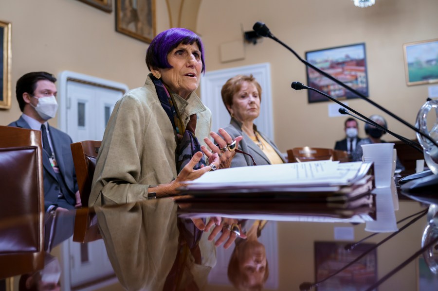 House Appropriations Committee Chair Rosa DeLauro, D-Conn., left, joined by Rep. Kay Granger, R-Texas, the ranking member of Appropriations, appear before the House Rules Committee as they field questions about the politics of the federal debt, at the Capitol in Washington on Sept. 21, 2021. (AP Photo/J. Scott Applewhite)