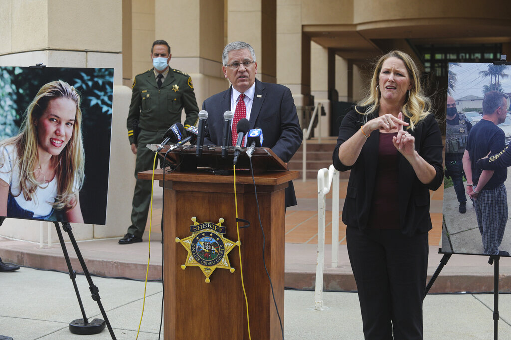 In this April 13, 2021, file photo, Cal Poly President Jeffrey Armstrong, center, speaks during a news conference in San Luis Obispo. (David Middlecamp/The Tribune (of San Luis Obispo) via AP, File)