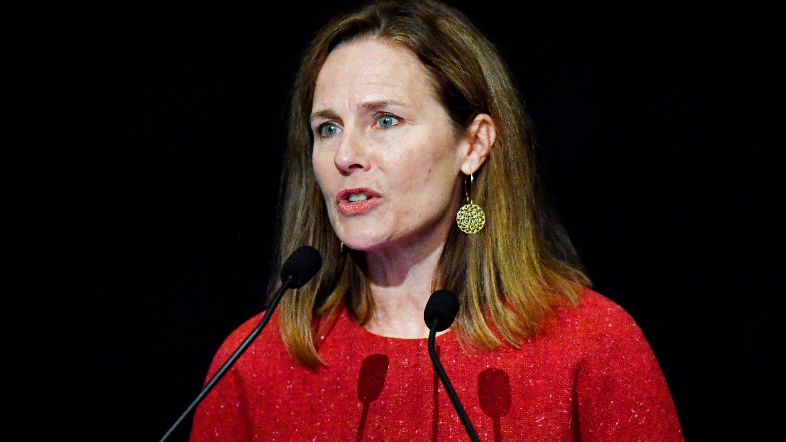 In this Sept. 12, 2021, file photo U.S. Supreme Court Associate Justice Amy Coney Barrett speaks to an audience at the 30th anniversary of the University of Louisville McConnell Center in Louisville, Ky. (AP Photo/Timothy D. Easley, File)