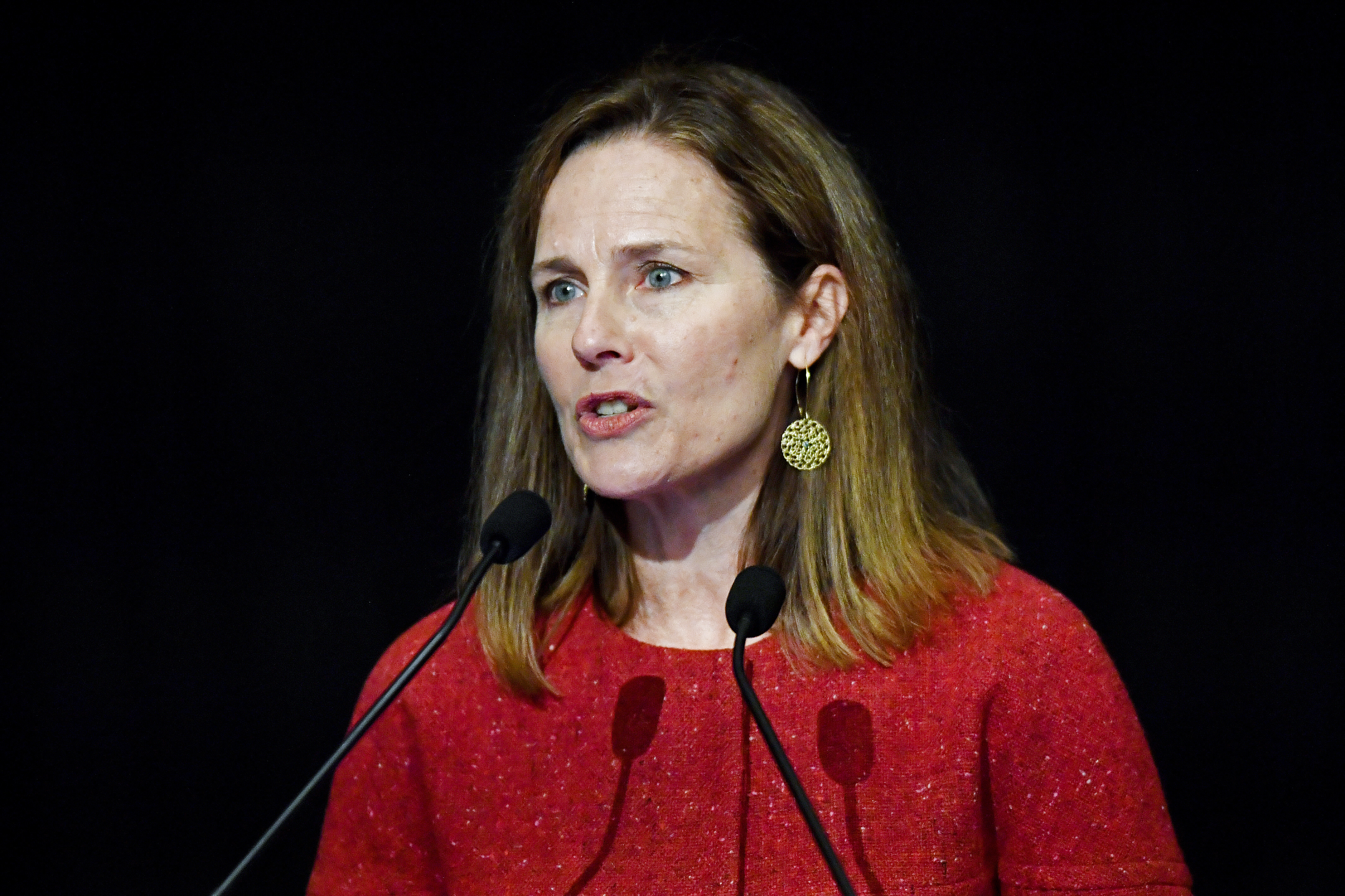 In this Sept. 12, 2021, file photo U.S. Supreme Court Associate Justice Amy Coney Barrett speaks to an audience at the 30th anniversary of the University of Louisville McConnell Center in Louisville, Ky. (AP Photo/Timothy D. Easley, File)