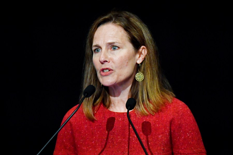 In this Sept. 12, 2021, file photo U.S. Supreme Court Associate Justice Amy Coney Barrett speaks to an audience at the 30th anniversary of the University of Louisville McConnell Center in Louisville, Ky. (AP Photo/Timothy D. Easley, File)