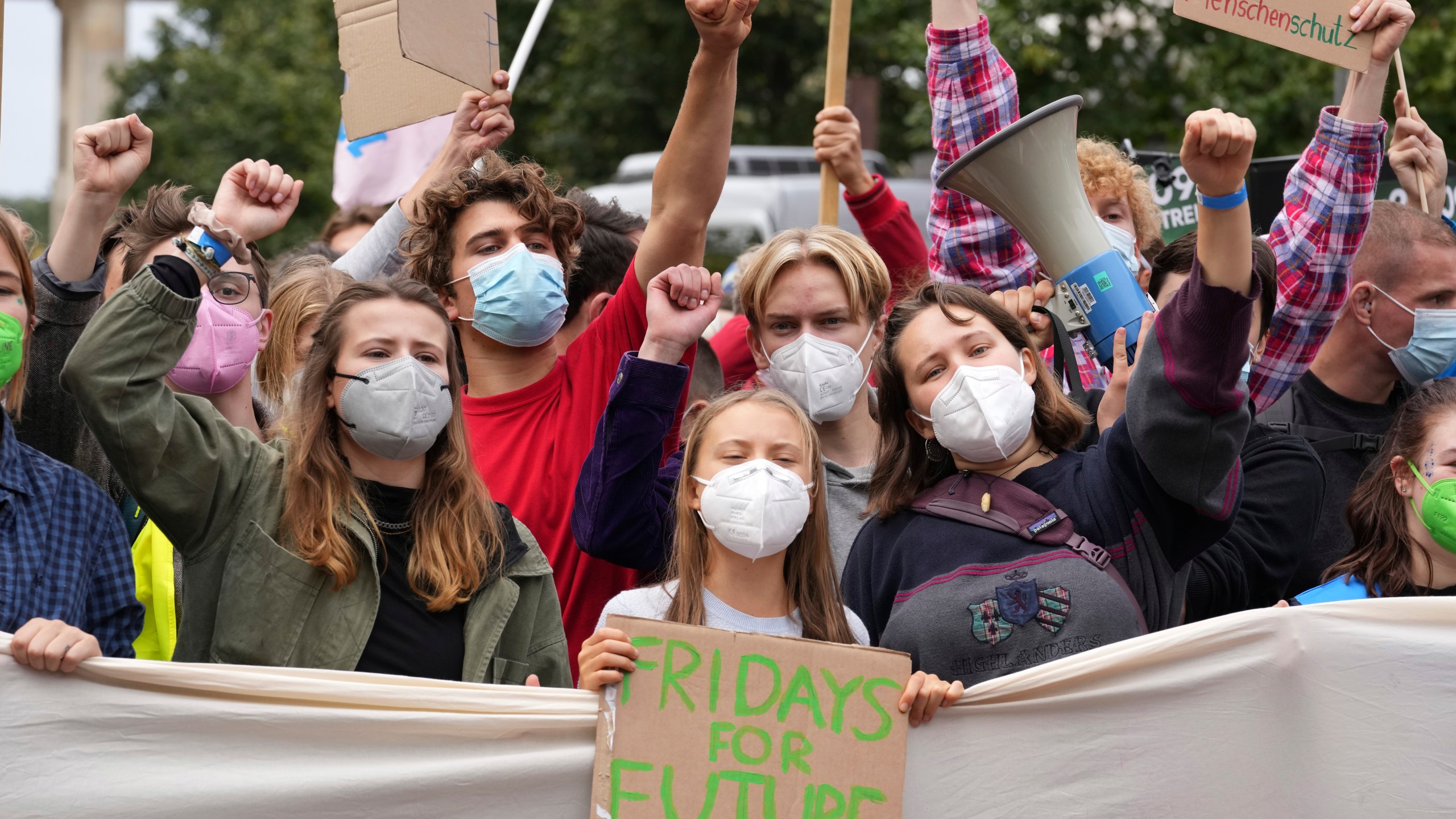 Swedish climate activist Greta Thunberg joins a Fridays for Future global climate strike in Berlin, Germany, Friday, Sept. 24, 2021. (AP Photo/Michael Sohn)