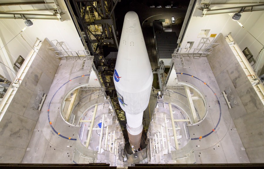 This photo provided by NASA shows the United Launch Alliance Atlas V rocket with the Landsat 9 satellite onboard at Vandenberg Space Force Base, Calif., on Monday, Sept. 27, 2021. A project of NASA and the U.S. Geological Survey, Landsat 9 will work in tandem with a predecessor, Landsat 8, to extend a nearly 50-year data record of land and coastal regions that began with the launch of the first Landsat in 1972. (Bill Ingalls/NASA via AP)