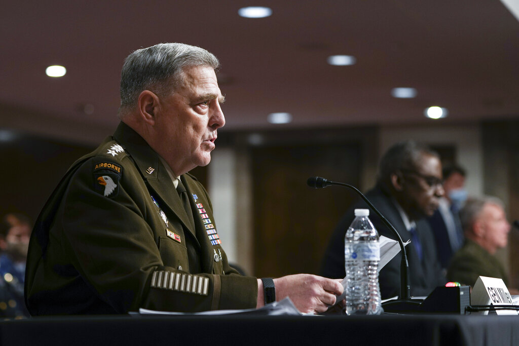 Chairman of the Joint Chiefs of Staff Gen. Mark Milley speaks during a Senate Armed Services Committee hearing, Tuesday, Sept. 28, 2021, on Capitol Hill in Washington. (Sarahbeth Maney/The New York Times via AP, Pool)