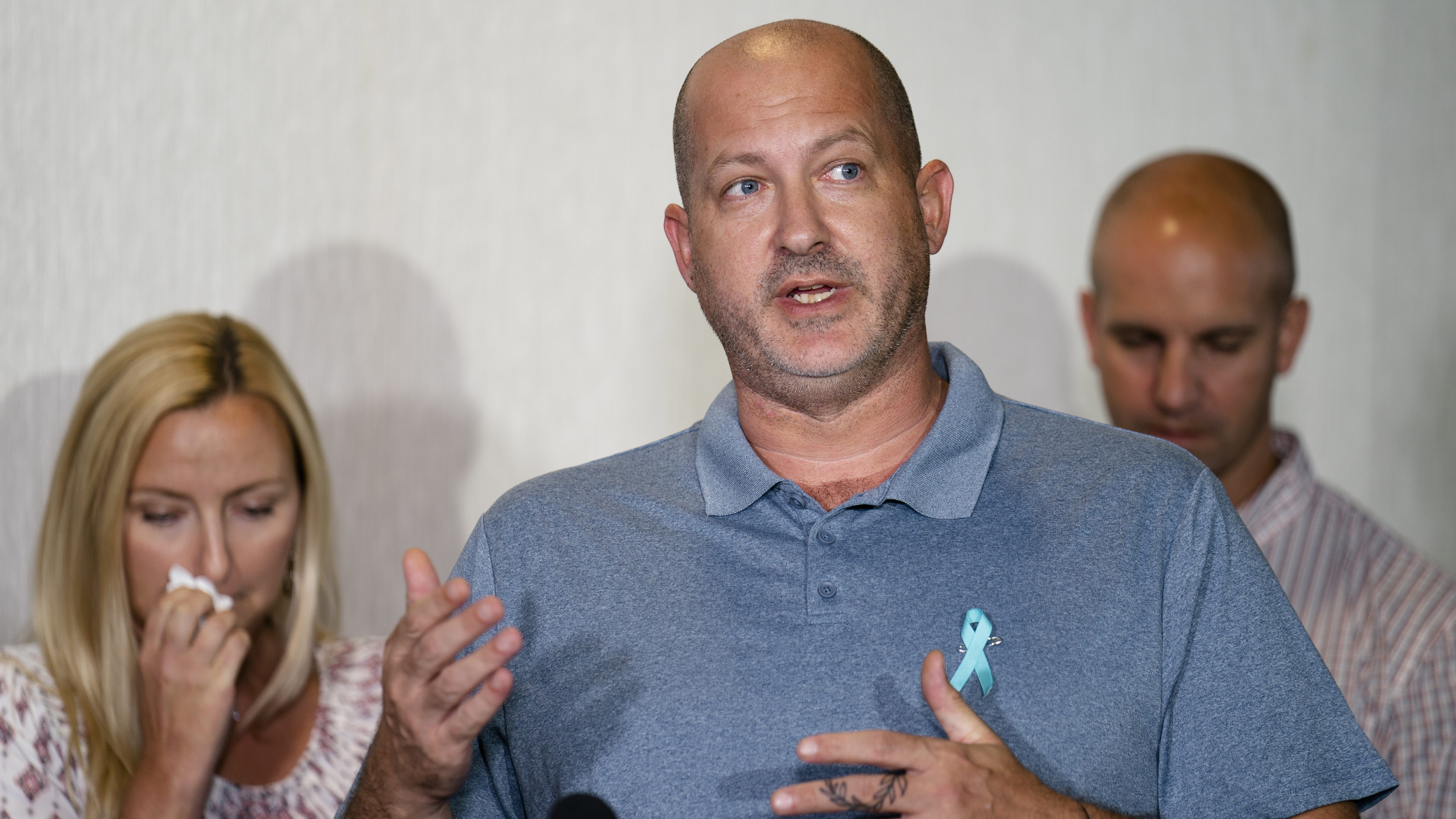 Joseph Petito, father of Gabby Petito, whose death on a cross-country trip has sparked a manhunt for her boyfriend Brian Laundrie, speaks during a news conference in Bohemia, N.Y., on Sept. 28, 2021. (John Minchillo / Associated Press)